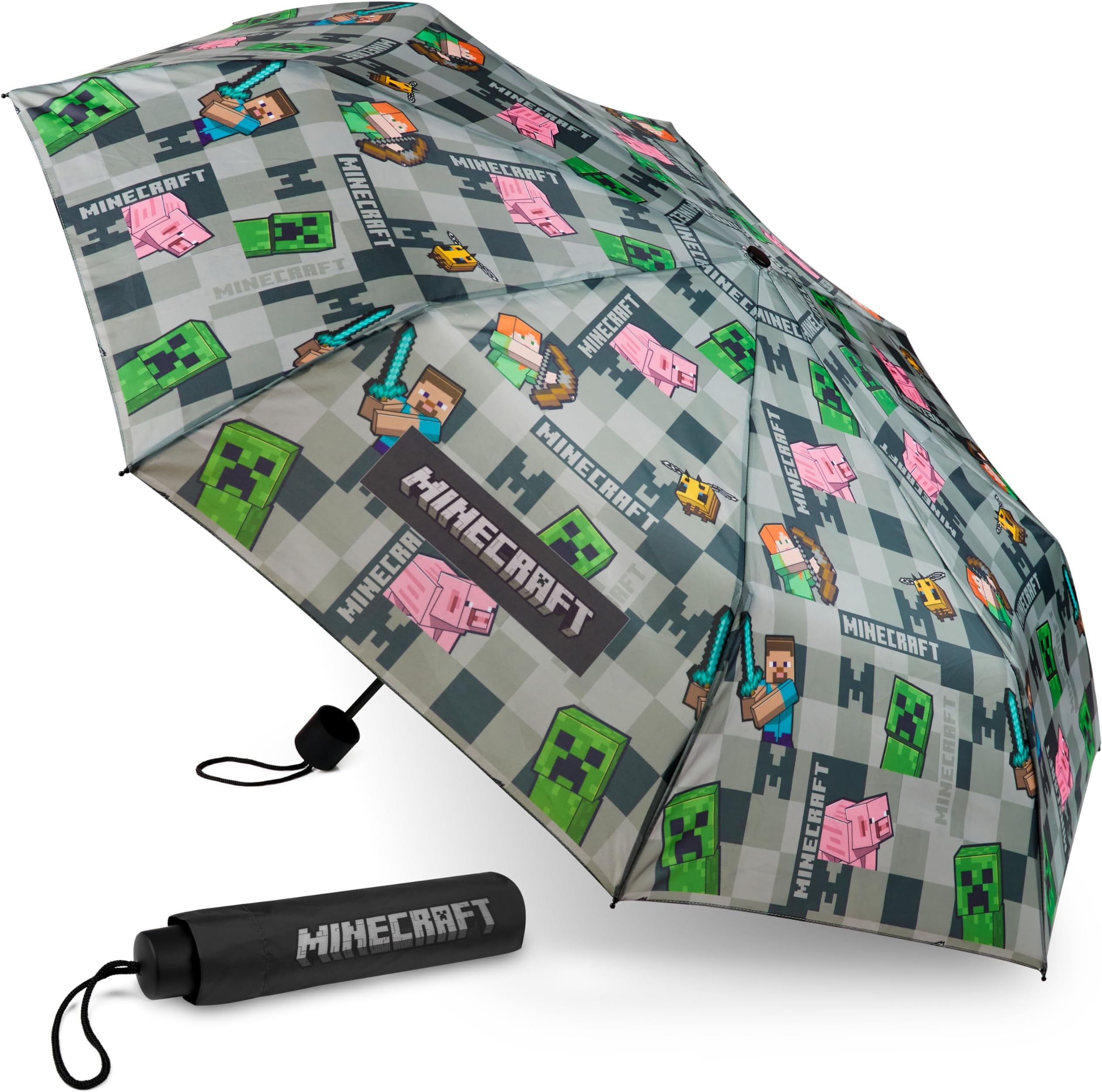Minecraft Umbrella Kids Clear Dome Folding Umbrella Boys and Girls Travel Telescopic Stick Umbrella Windproof Strong Transparent Umbrella Lightweight Travel Anti-UV Umbrella