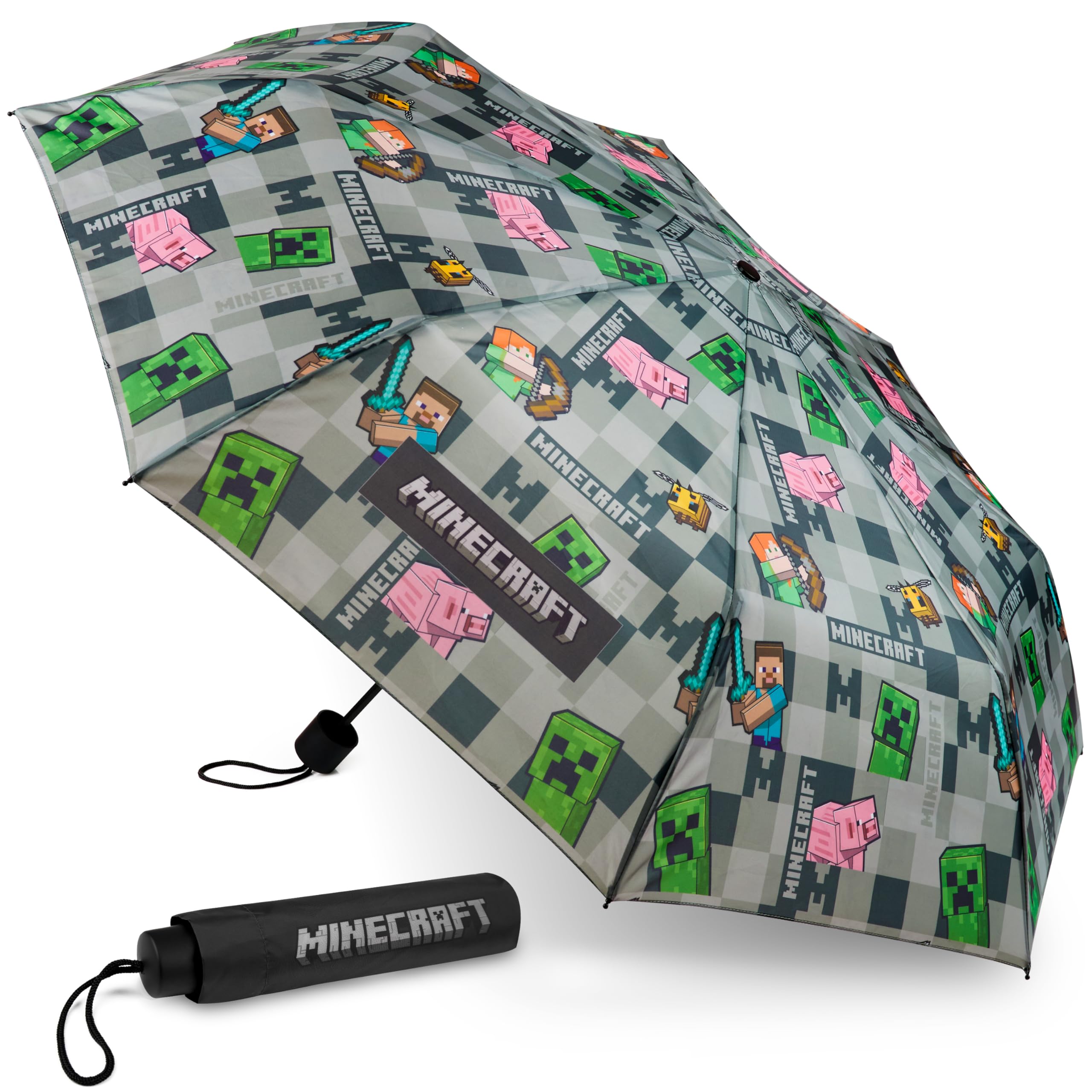 Minecraft Boys Grey/Multi Telescopic Umbrella - Folding Umbrella Lightweight For Travel School ()