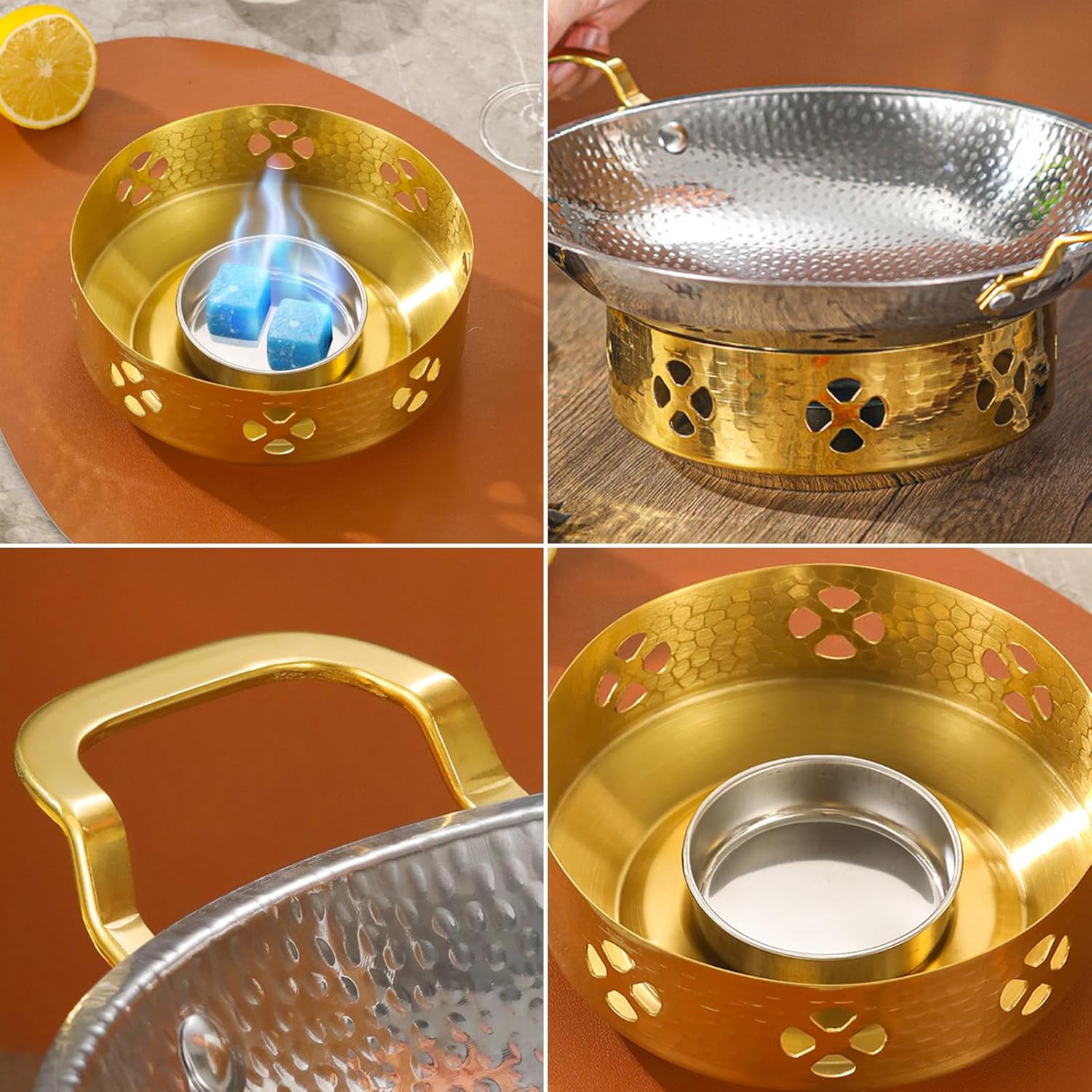 Spanish Paella Pan Stainless Steel Skillet Pan Round Nonstick Omelet Pan with Dual Handle and Cooking Stove Uncoated Seafood Lobster Plate for Home Restaurant Outdoors Camping,Gold,28cm/11inch