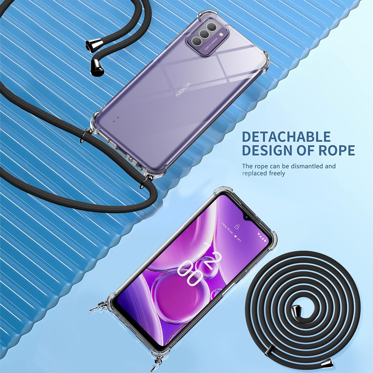 Custodia Girocollo Con Tracolla Per Nokia G42 5G – Silicone TPU Trasparente, Antiurto, Con Cordoncino Regolabile