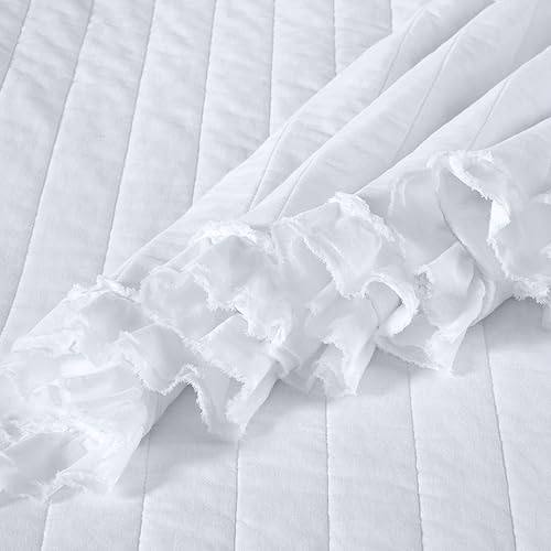 Miniatura 5 de Chezmoi Collection Bonnie - Juego de edredón de 2 piezas, 100 % algodón, tamaño individual, color blanco, doble borde deshilachado con volantes,