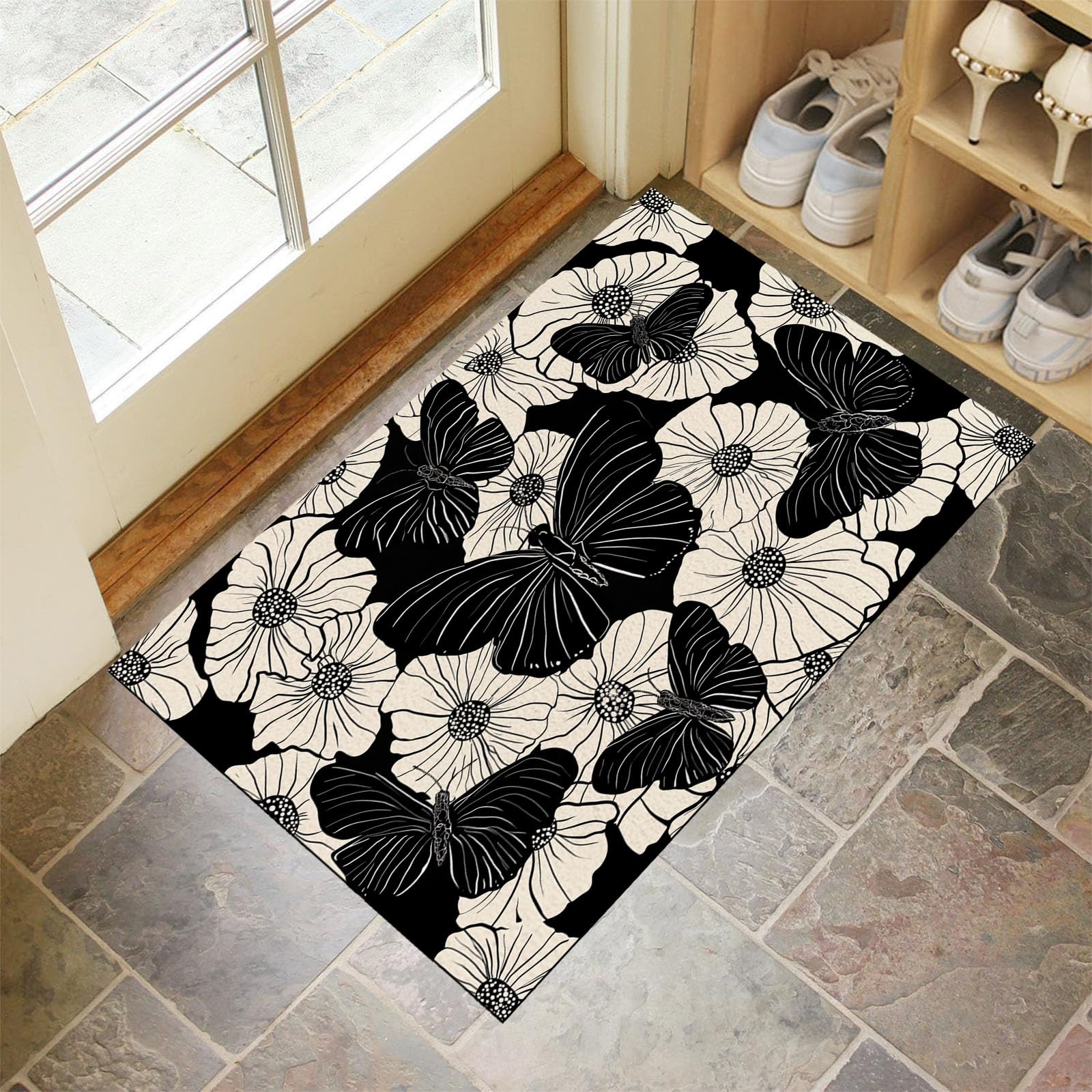 Paillasson d'intérieur 80x120cm lavable noir et blanc à motifs de fleurs vintage