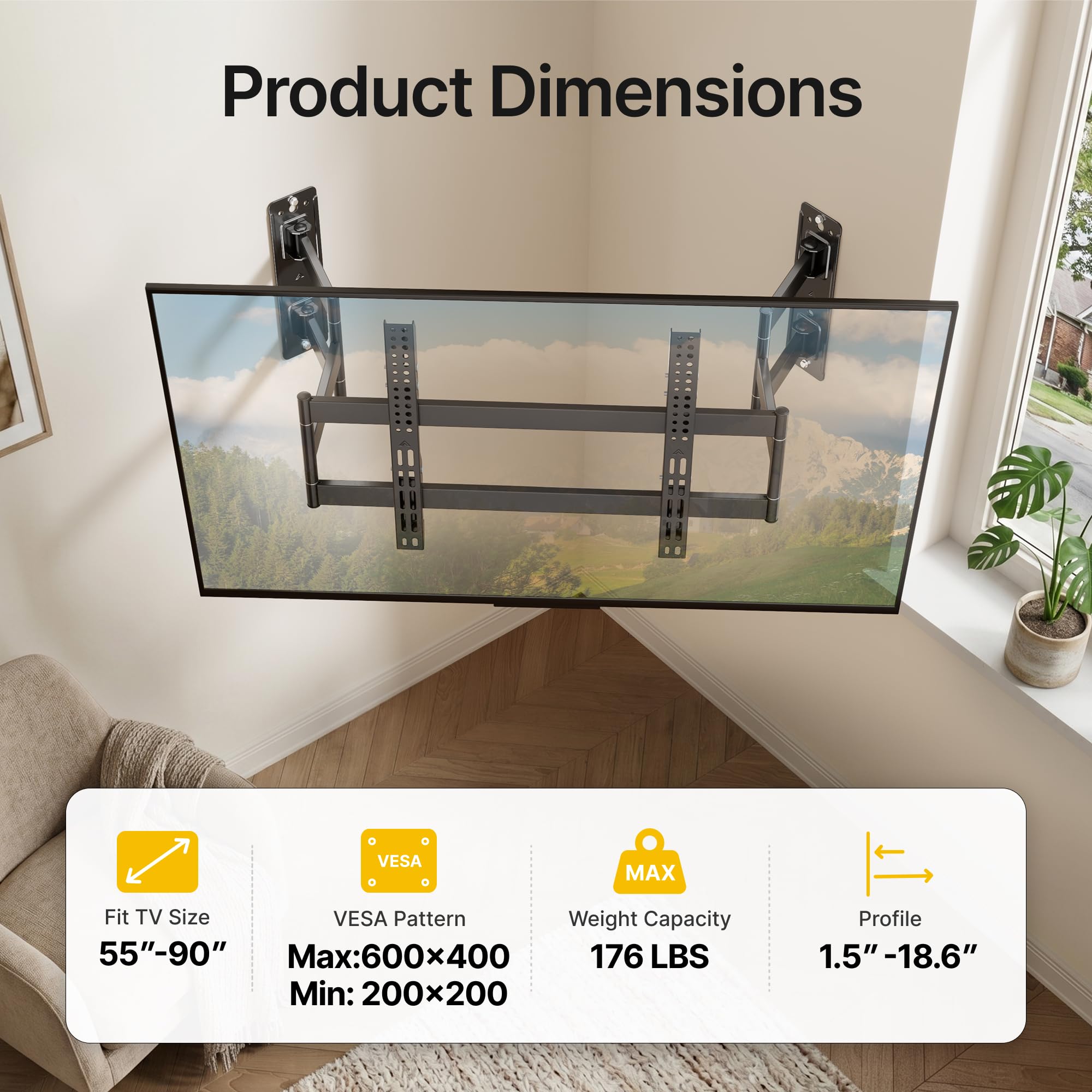 monTEK Soporte de pared de esquina de movimiento completo para televisores LCD LED de 55 a 90 pulgadas, soportes de pared resistentes con capacidad de peso de 175 libras, brazo de pared doble perfecto
