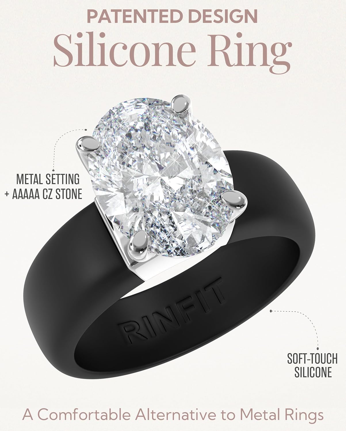 Rinfit Silicone Ring with Stone - Oval Cut Cubic Zirconia Solitaire Engagement Ring for Women - Rubber Wedding Bands - Patented Design