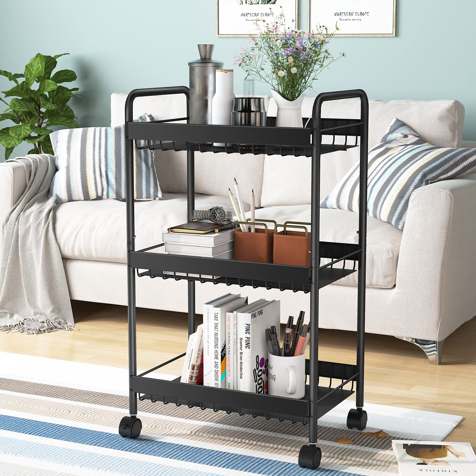 Buy 3 Tier Metal Rolling Cart, Storage Cart on Wheels, Kitchen Cart