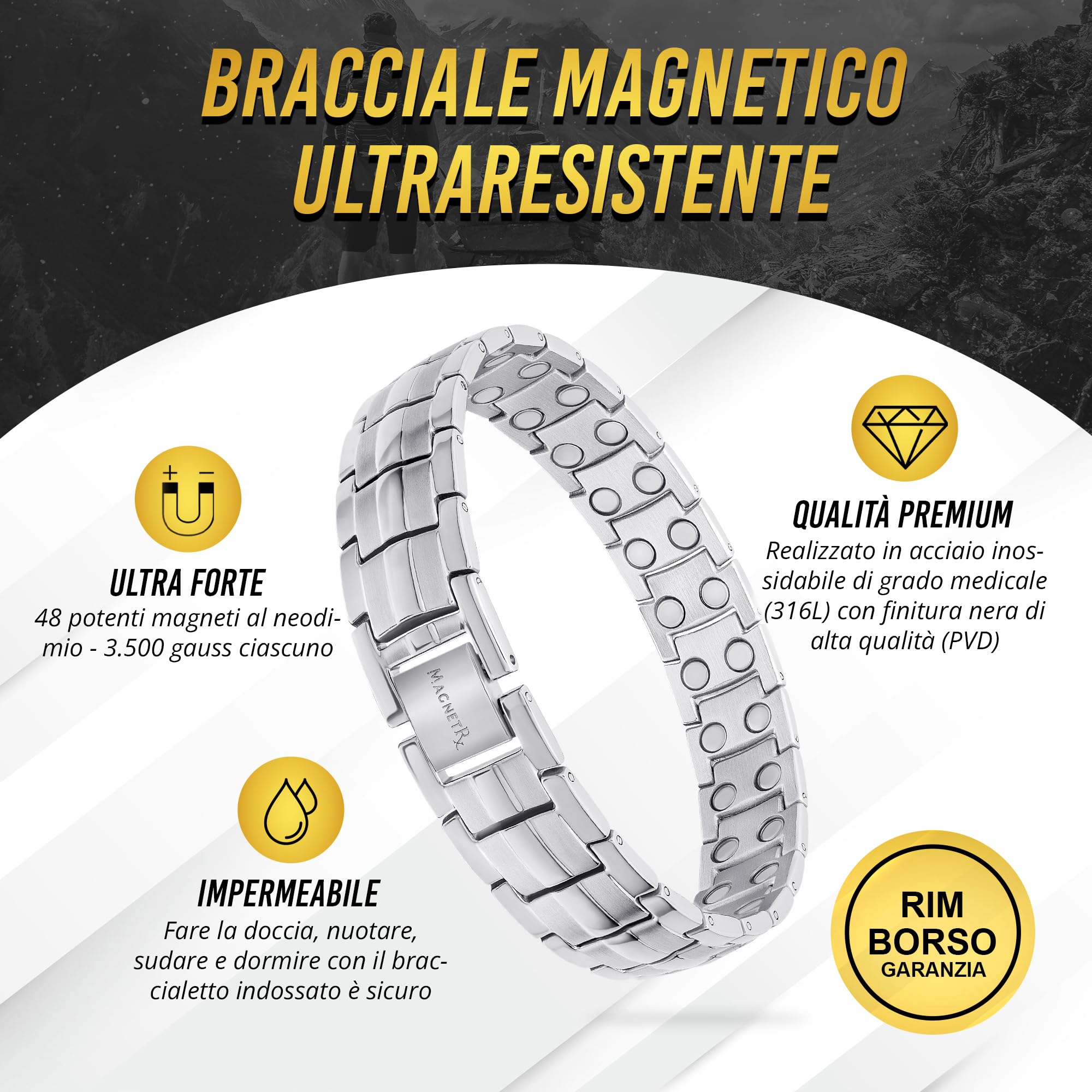 MagnetRX® Bracciale Magnetico Uomo ad Alta Potenza – Braccialetto Magnetico in Acciaio Inossidabile, Regolabile – Con Regola Cinturino Incluso (Argento)