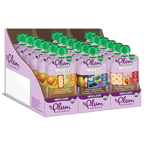 Plum Organics Bolsa de alimentos para bebés proteína y fibra Mighty  Paquete variado  4 onzas  Paquete de 18  Exprimir alimentos orgánicos para