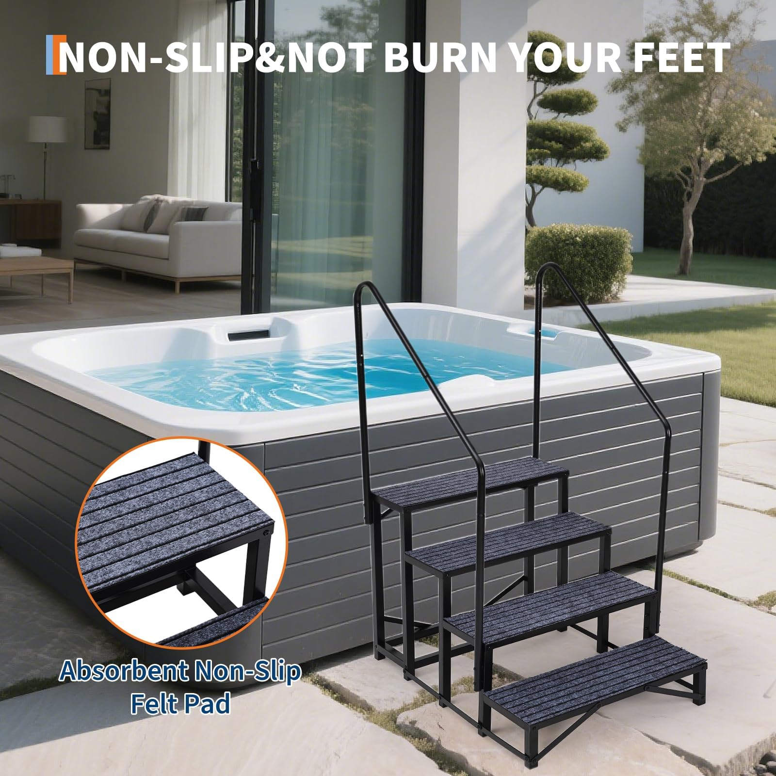 Garvee Escaliers RV Portatifs 4 Marches avec Rampe, Échelle RV avec Tapis Antidérapants, pour Roulottes, Camping-Cars, Baignoires Balnéo, Terrasses, Piscines, Animaux Domestiques