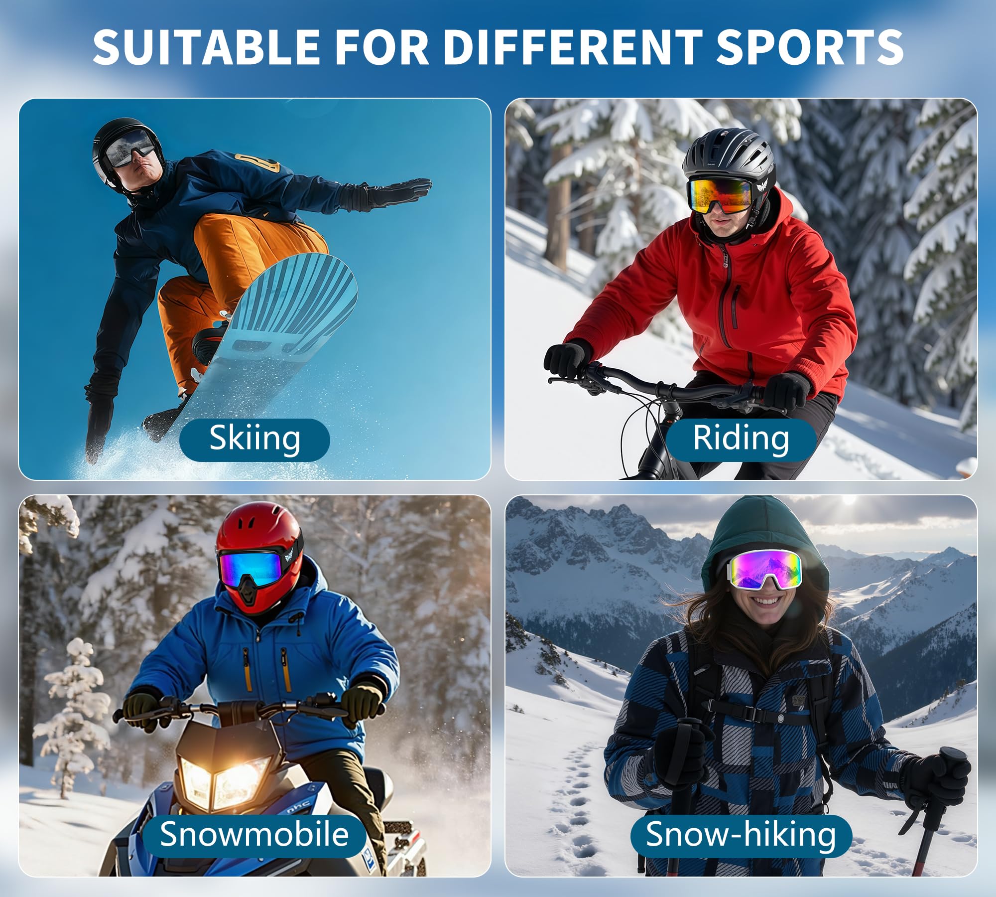 Lunettes de ski et de planche à neige pour hommes, femmes, adultes et jeunes – Protection à 100 % contre les rayons UV/anti-buée/vision large