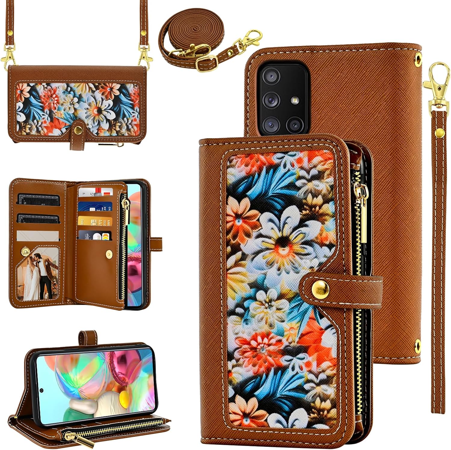Floral Wallet Case for Samsung Galaxy A71 5G with Wrist Strap Shoulder Strap Flip Zipper Purse, Luxury PU Leather Card Holder Stand Accessories Cell Phone Cover for A 71 G5 71A S71 Women Brown