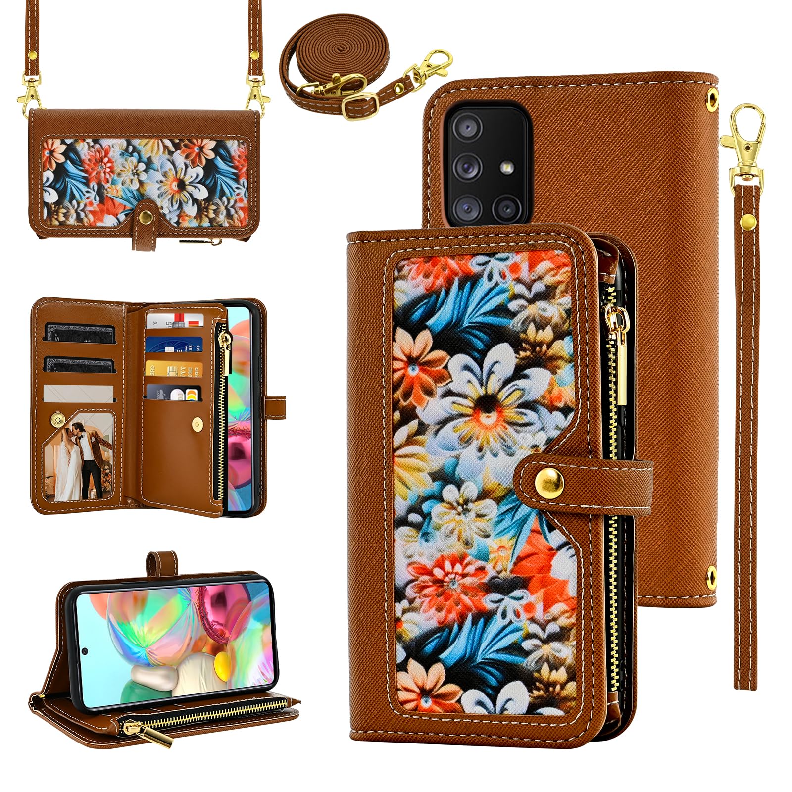 Furiet Floral Wallet Case for Samsung Galaxy A51 4G with Wrist Strap Shoulder Strap Flip Zipper Purse Luxury PU Leather Card Holder Stand Accessories