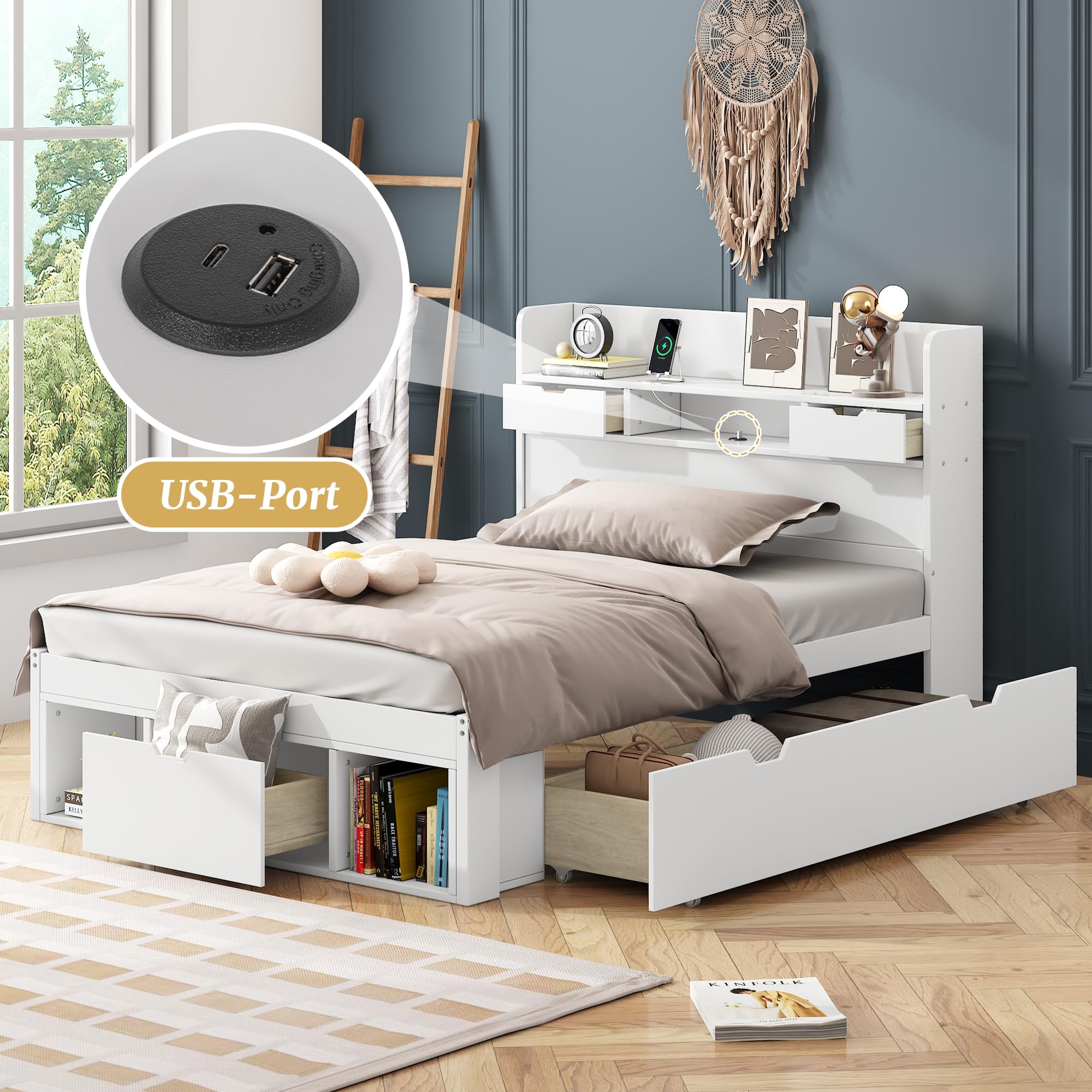 Sapgaks Lit Capitonné 90x200 avec USB, 3 Tiroirs et Meuble de Rangement 2 en 1, Simple 90x200 avec Tête, Lit Coffre 90x200cm avec Espace de Rangement, Blanc (sans Matelas)