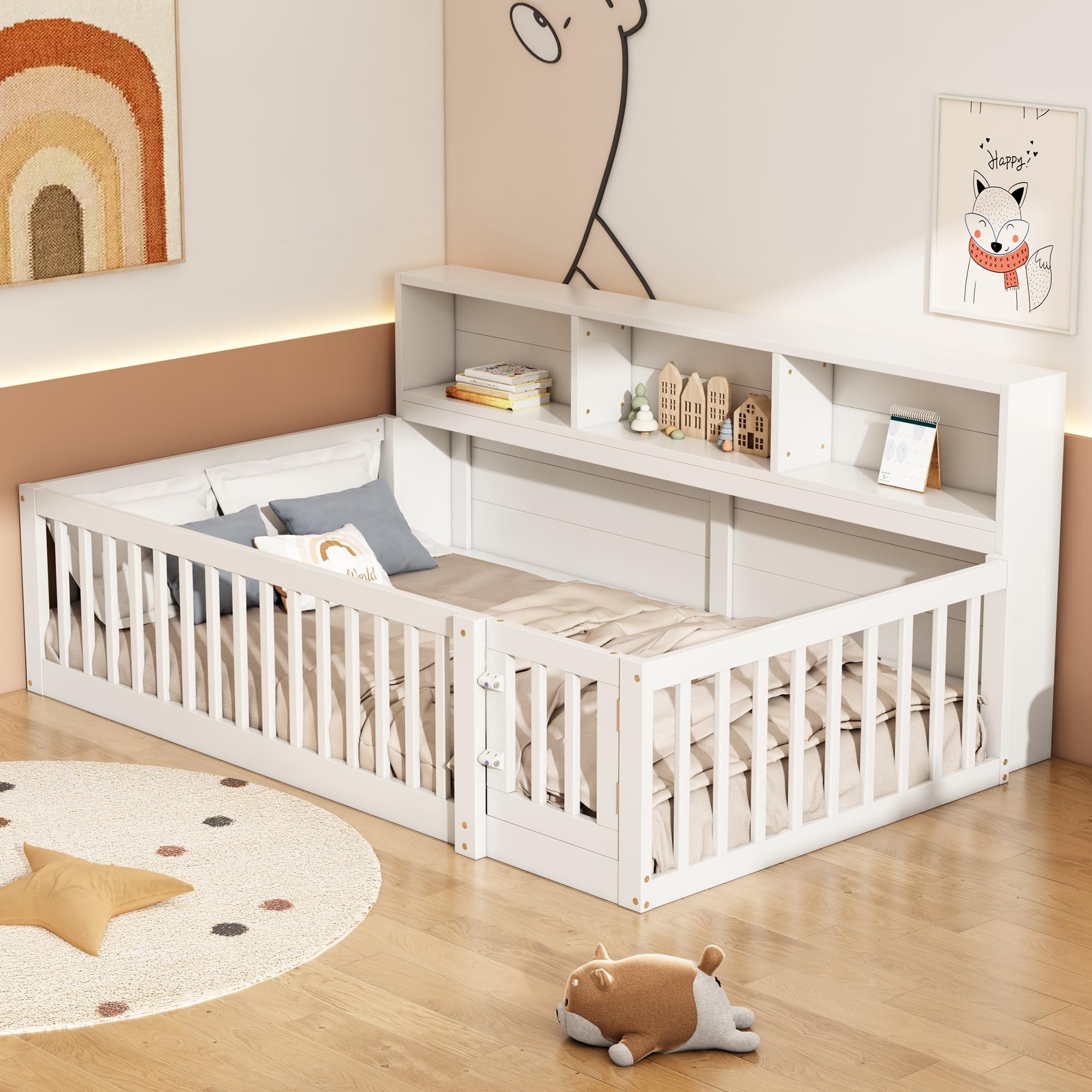Unbekanntes Holzbett Kinderbett – Lattenrost, Rausfallschutz, Regal – Weiß 90x200 cm