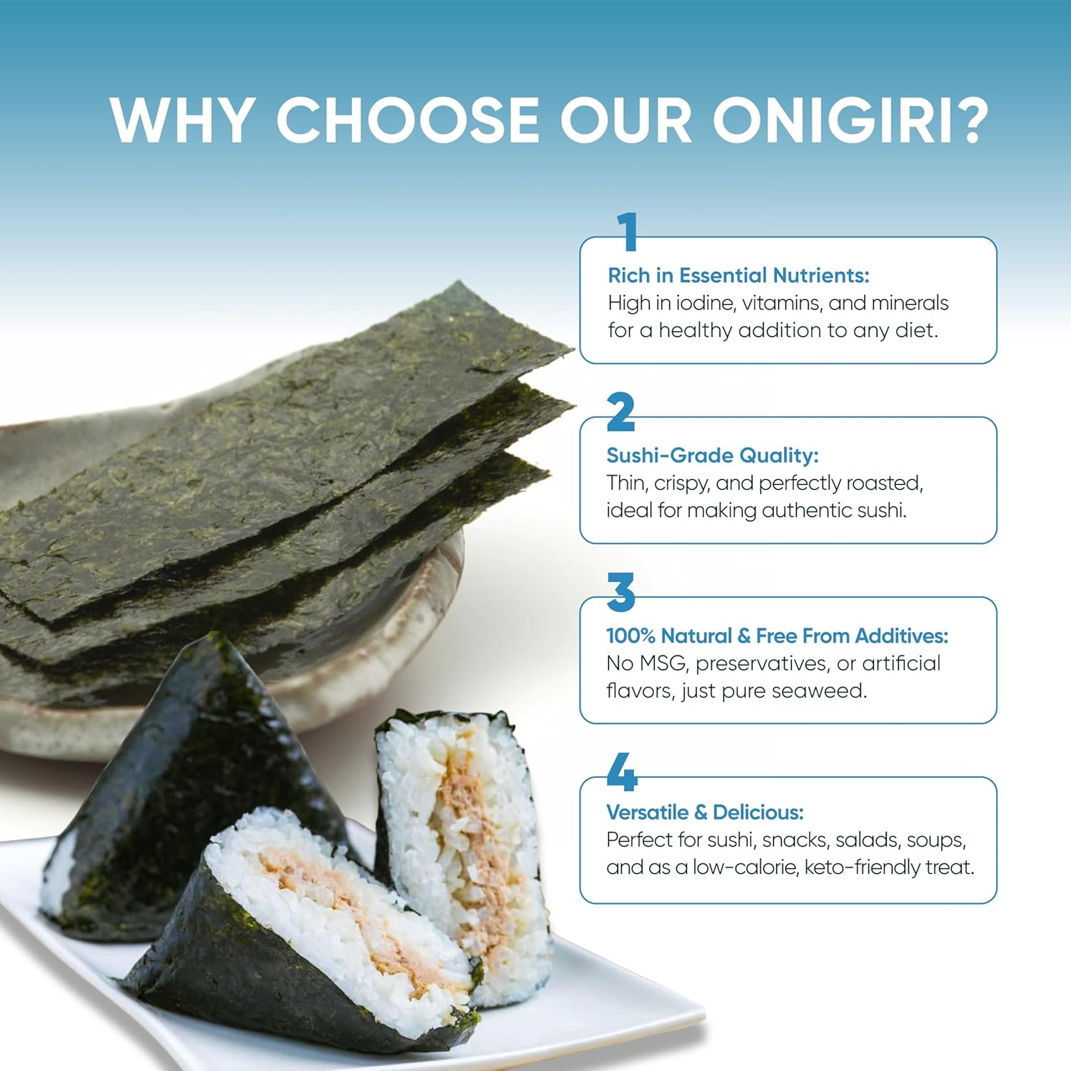 RSD – Onigiri Seaweed Sheets – 100 Individually Wrapped Sheets – Premium Roasted Nori for Sushi, Onigiri, Gimbap, & More – Organic, Crispy, & Fresh