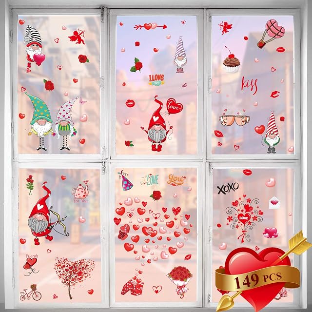 Valentines Window Stickers Valentine Decorations, 9 Sheets Valentines Day Window Stickers PVC Clings Decals Valentines Day Decoration