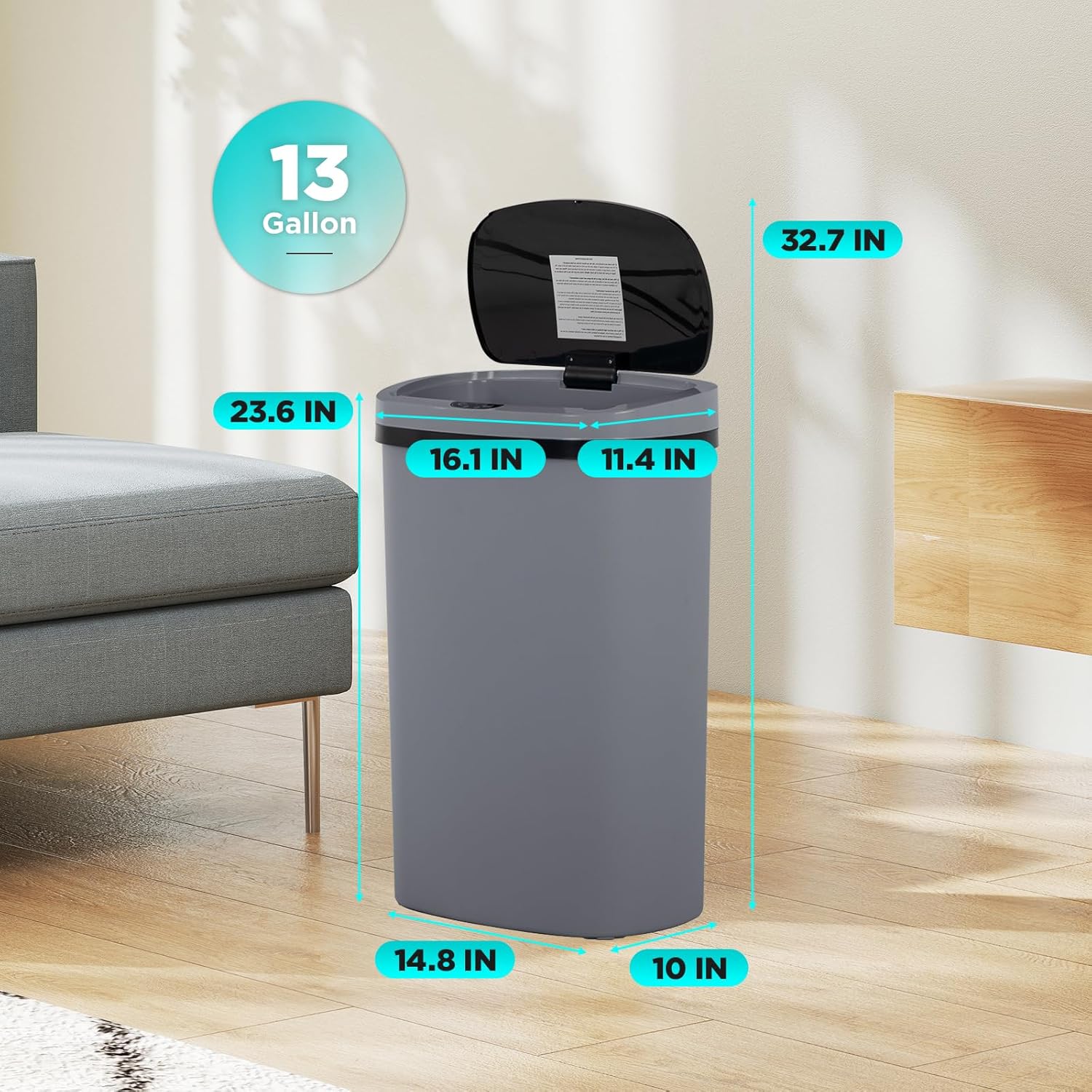 Automatic Motion Sensor Bathroom Trash Can with Lid, 13 Gallon Touchless Trash Bin, Smart Dog Proof Garbage Can, Touch Free Waste Basket for Toilet, Office, Bedroom,Gray