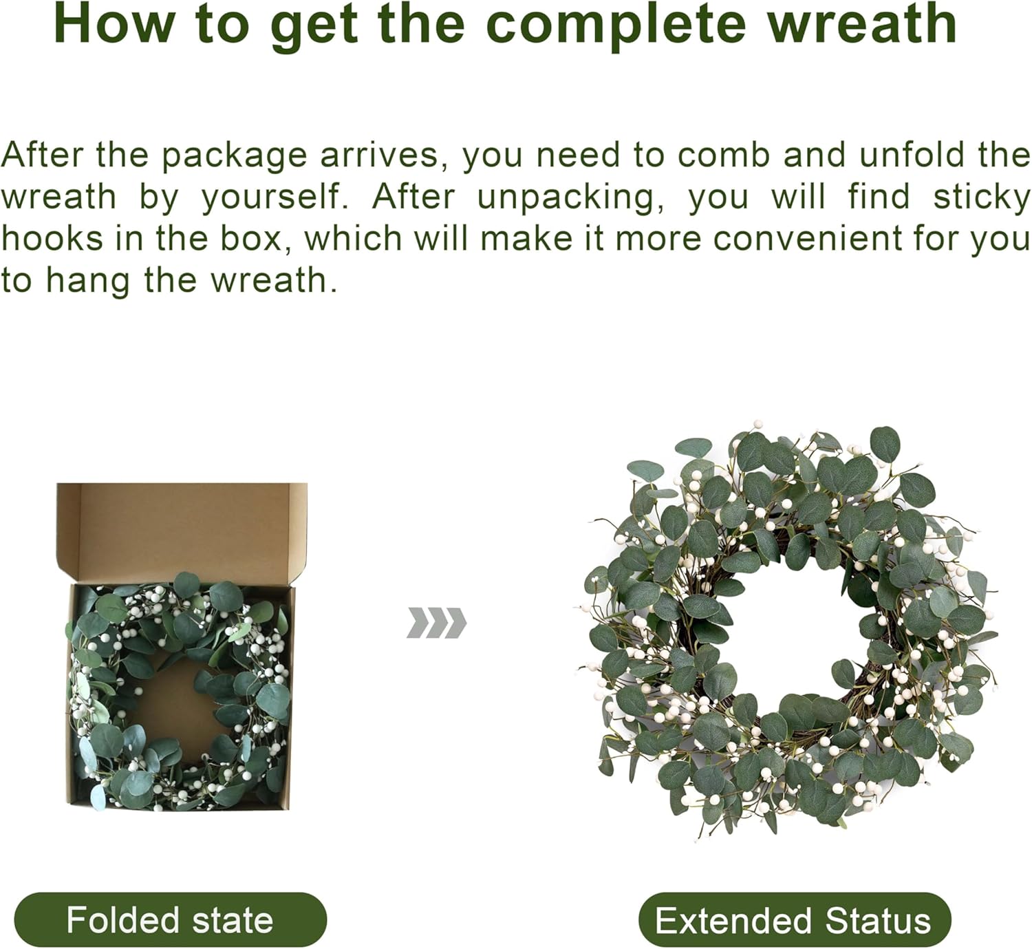 Green Eucalyptus Wreath 22inch Greenery Wreaths for Front Door Artificial Winter Wreath with Green Eucalyptus Leaves White Berries for Winter Christmas Window Wall Indoor Holiday Decoration - Image 9