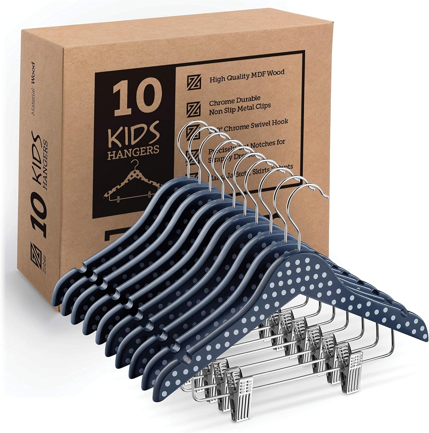 ZOBER High-Grade Wooden Childrens/Kids Hangers with Clips (10 Pack) for Toddler,Dresses, Skirts, Pants, Cute & Charming, Durable Baby Cloths - 12.5 Inch - 360° Hook & Cut Notches