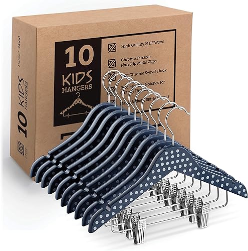 ZOBER Perchas de madera de alta calidad para niñosniños con clips (paquete de 10) para niños pequeños, vestidos, faldas, pantalones, lindos y