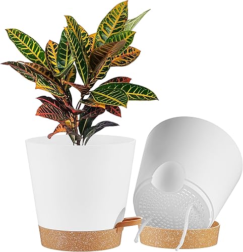 FaithLand Paquete de 2 macetas de 9 pulgadas para plantas de interior y exterior, macetas de riego automático con depósito profundo, color blanco