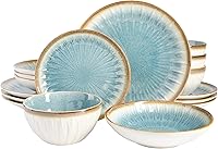 Gibson Elite Mayfair Bay 16-Piece Blue Stoneware Dinnerware Set - Embossed Reactive Glaze Double Bowl Service for 4