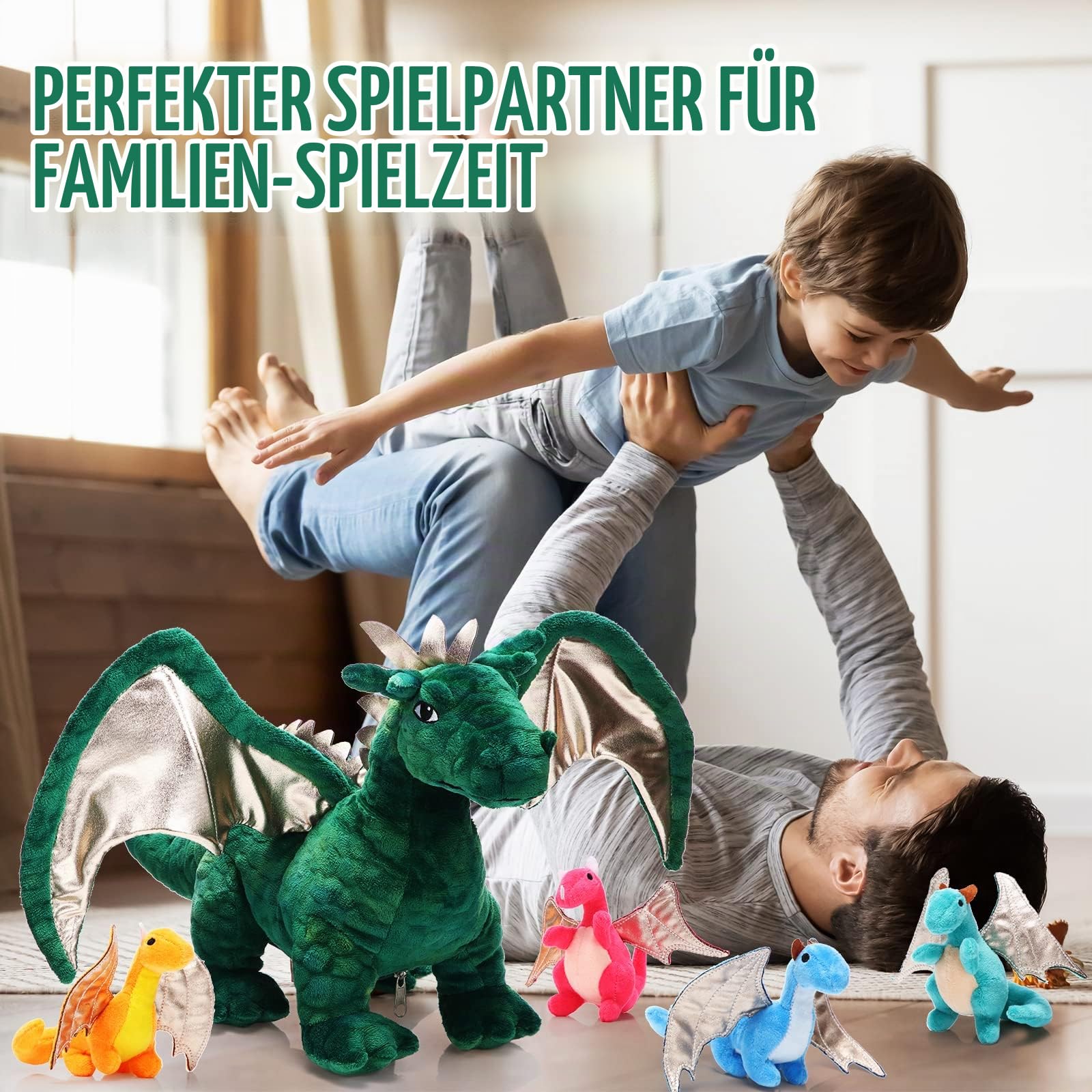 Zomiboo 7 Stück Stofftier Drachen Spielzeugset 40cm Großes Drache Kuscheltier mit 4 Baby-Plüschdrachen und 2 Eiern im Bauch Der Drachenmama Geburtstagsgeschenke für Teenager(Niedlicher Stil)