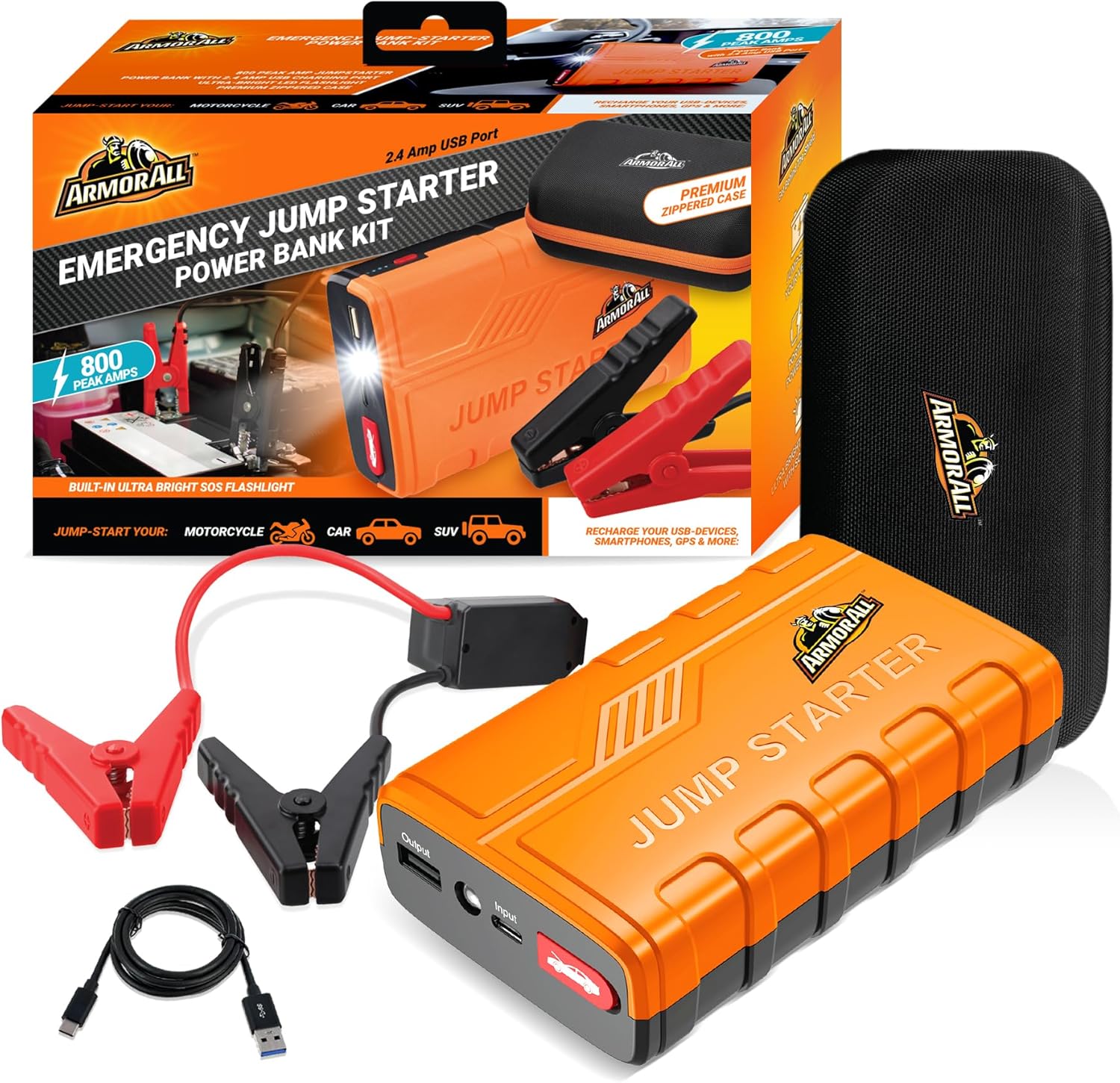 Armor All Car Jump Starter Emergency Power Bank Kit, 800 Amp Peak, 2.4 Amp Phone Charge USB Port, LED Light, Strobe, SOS, Overcharge & Discharge Protection, 7200mAh, For Cars Trucks Motorcycles & More