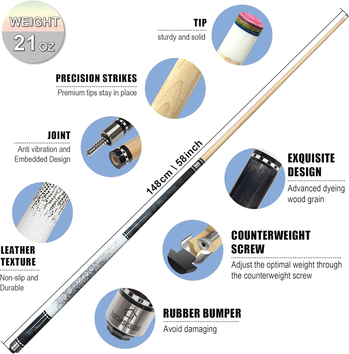 HomeSeason 58in Pool Cue Stick Canadian Maple Wood 13mm Tip - 18oz Perfect for Precision Play, Low Deflection Pool Cue for Enhanced Accuracy