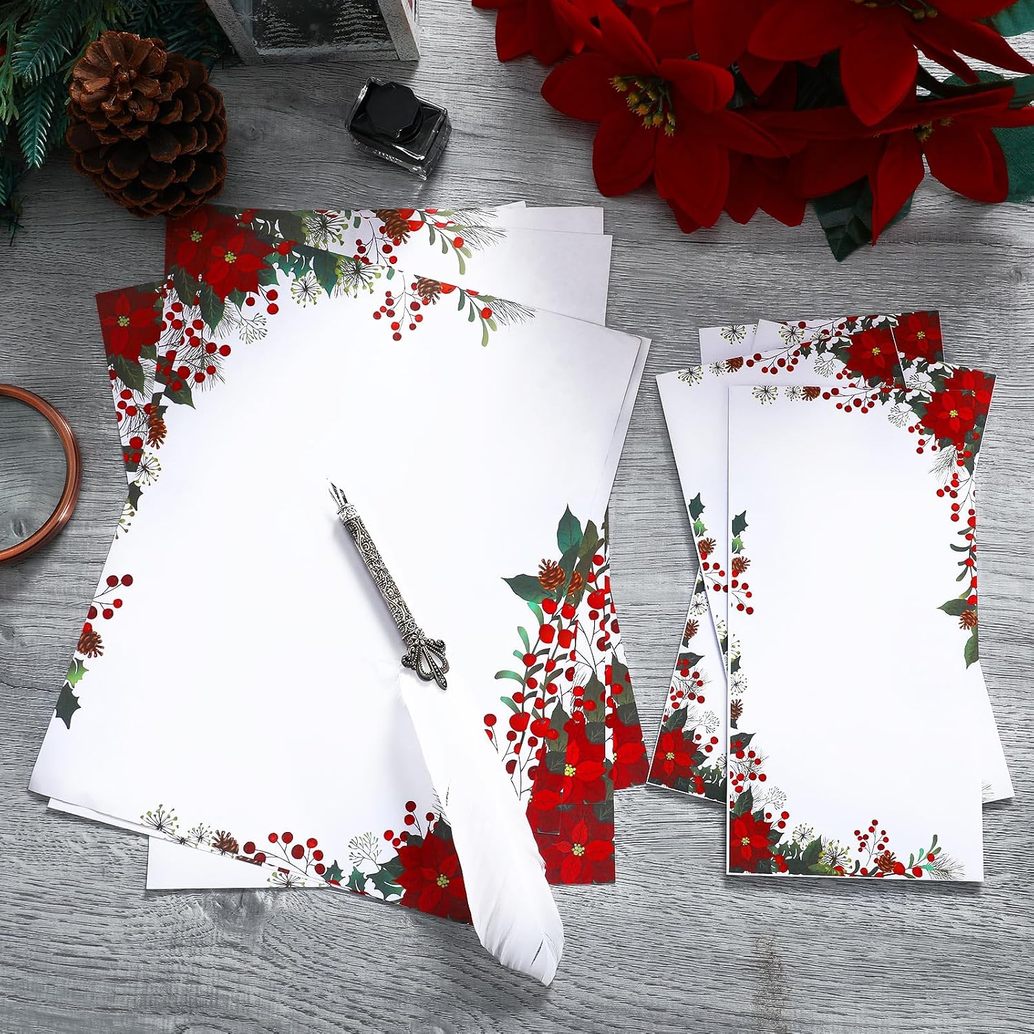 80 Sets Christmas Stationery Paper With Envelope Xmas Holiday Paper Poinsettia Red Berries Letterhead for Letter Writing Greeting Card Invitation, Not for Printers image 5