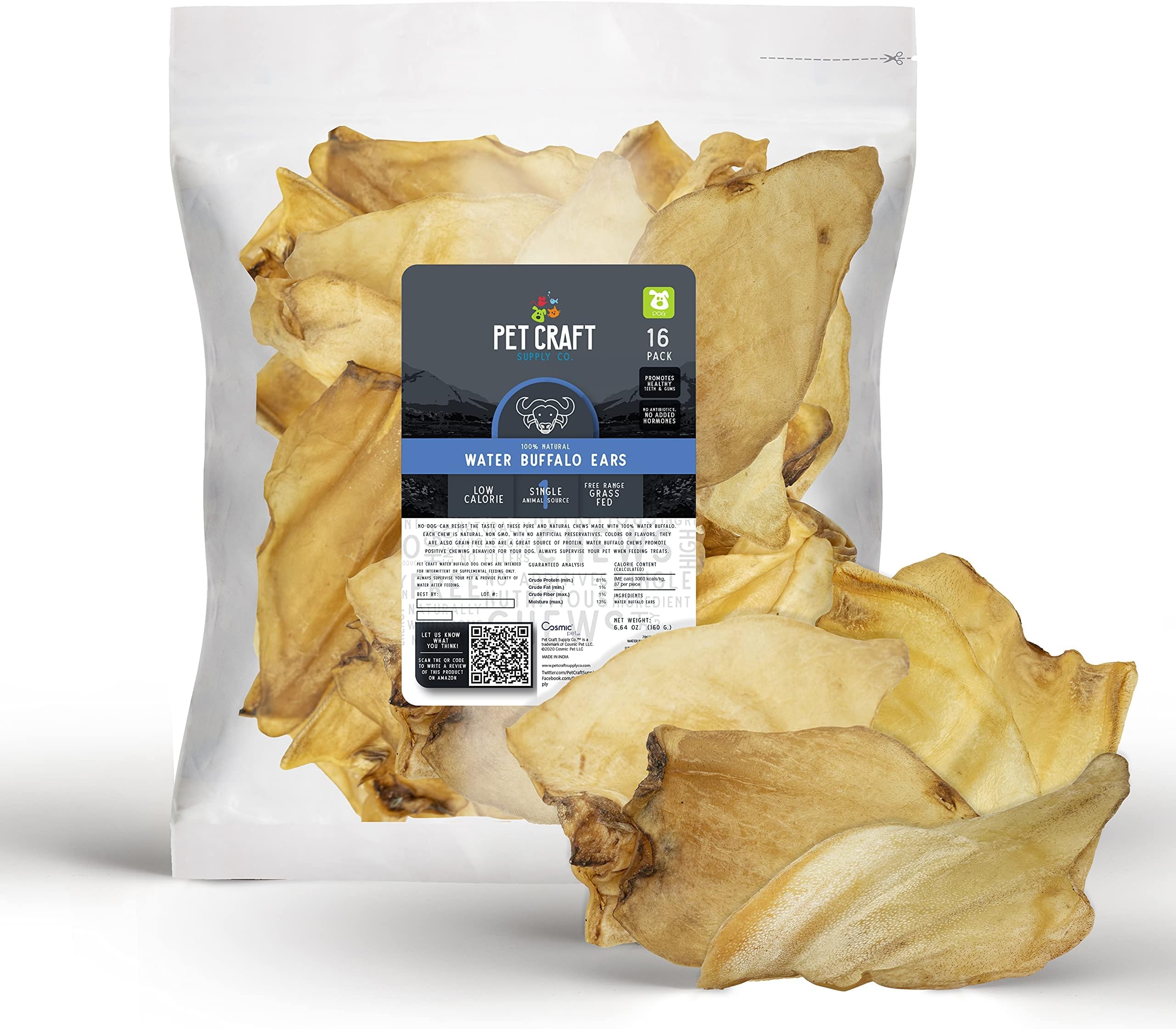 Pet Craft Supply 16 Pack Grass Fed Water Buffalo Ear, All Natural, Single Ingredient, Pig Ears for Dogs Alternative Long Lasting Dog Chew Treat for Aggressive Chewers, Small to Large Dogs