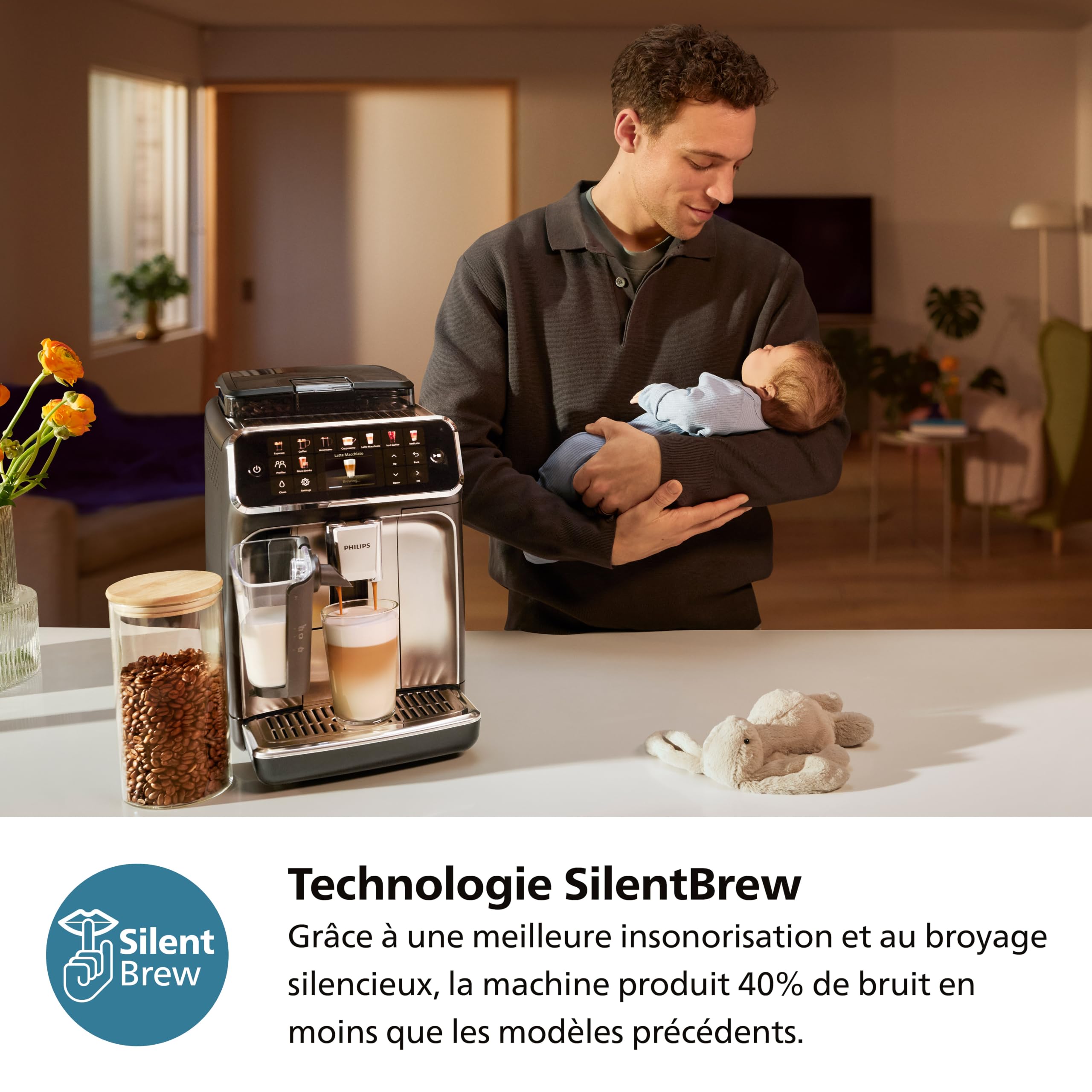 PHILIPS machine à café grain 3300, 6 boissons, LatteGo, Noir Chrome