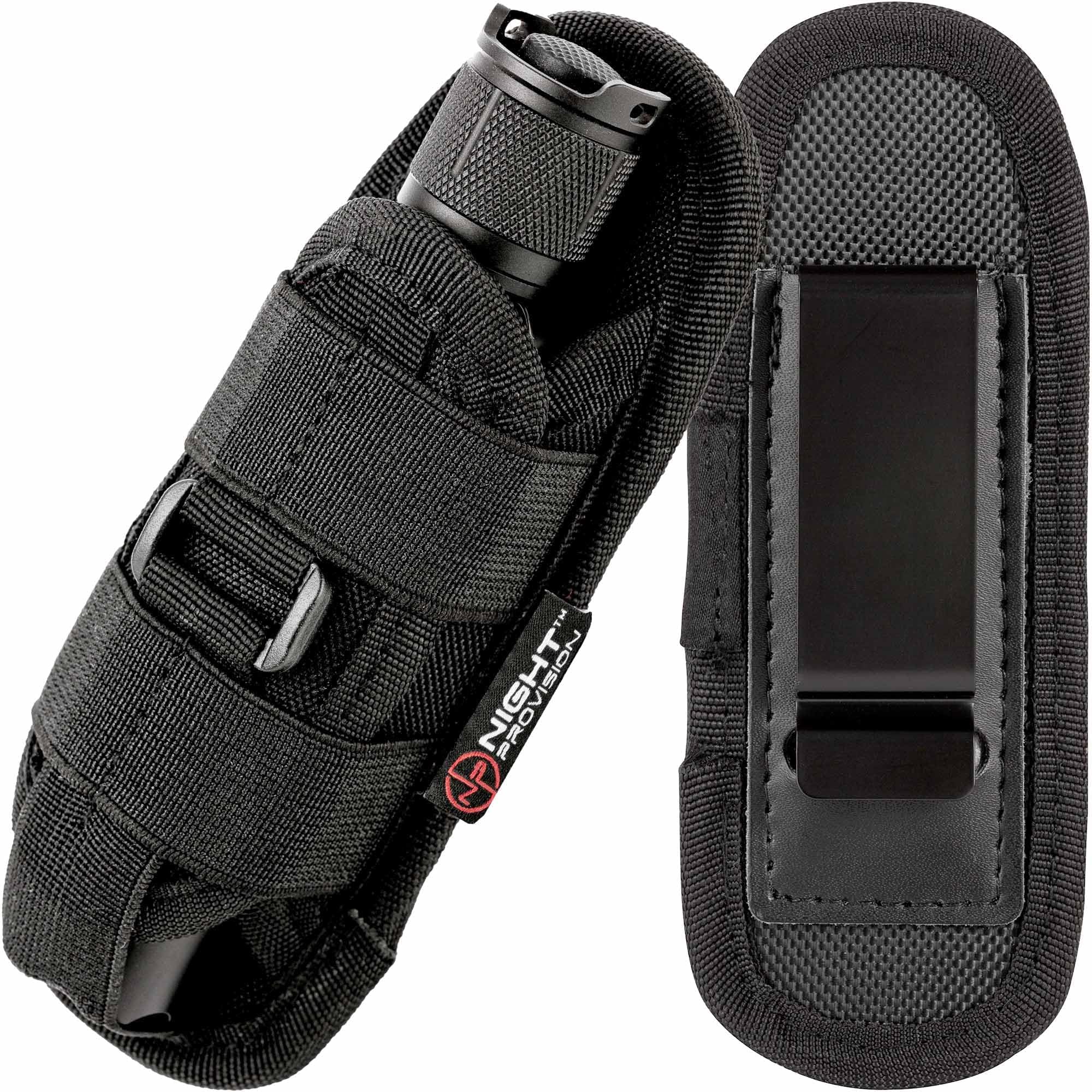 TH2C Tactical Flashlight Holster Closed-end Duty Belt Pouch Stretchable Rotatable Clip 360 Degree Holder for Police Military Security Belt, Black / Closed-end