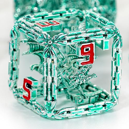 Juego de dados de metal para DND y RPG Diseño de núcleo de dragón encarcelado Hermoso juego de dados poliédricos impresionantes e intrincados para