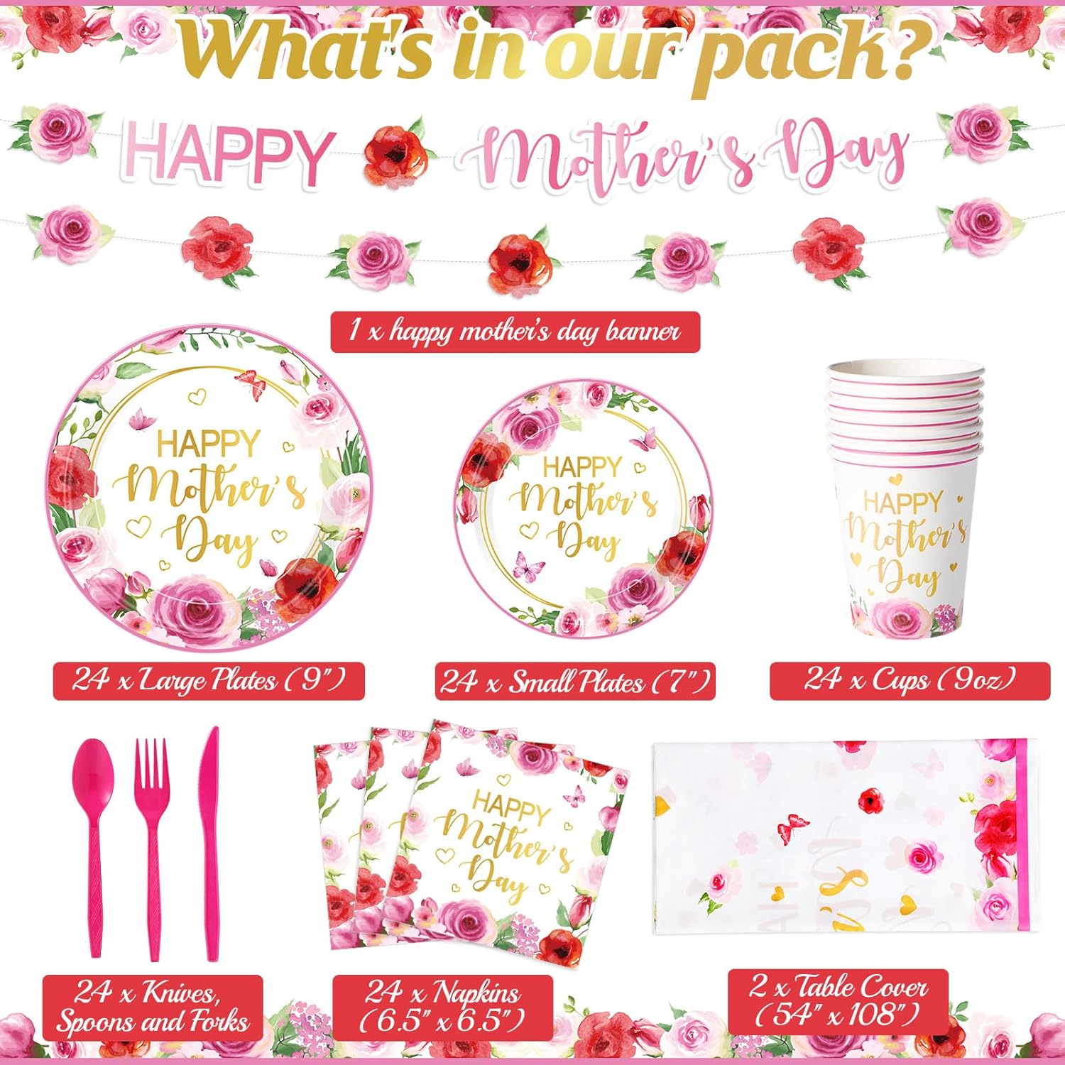 Zhehao 171 Pcs Happy Mother's Day Party Decorations Disposable Mothers Day Plates Napkins Cups Knives Spoons Forks Banner and Tablecloth for Mom Mother's Birthday Party Supplies, Dinner,serve 24