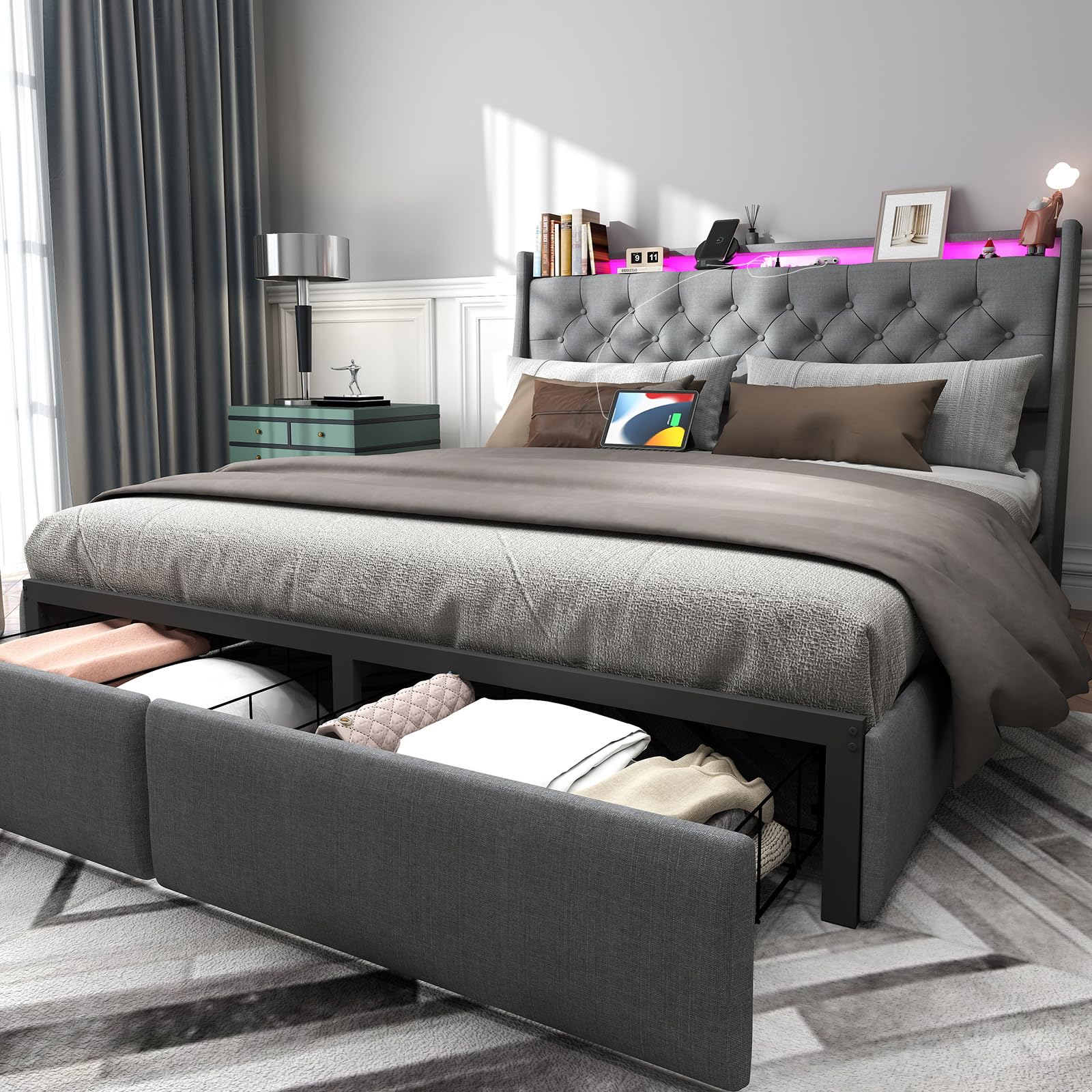Queen Bed Frame with 2 Storage Drawers and Luxury ...