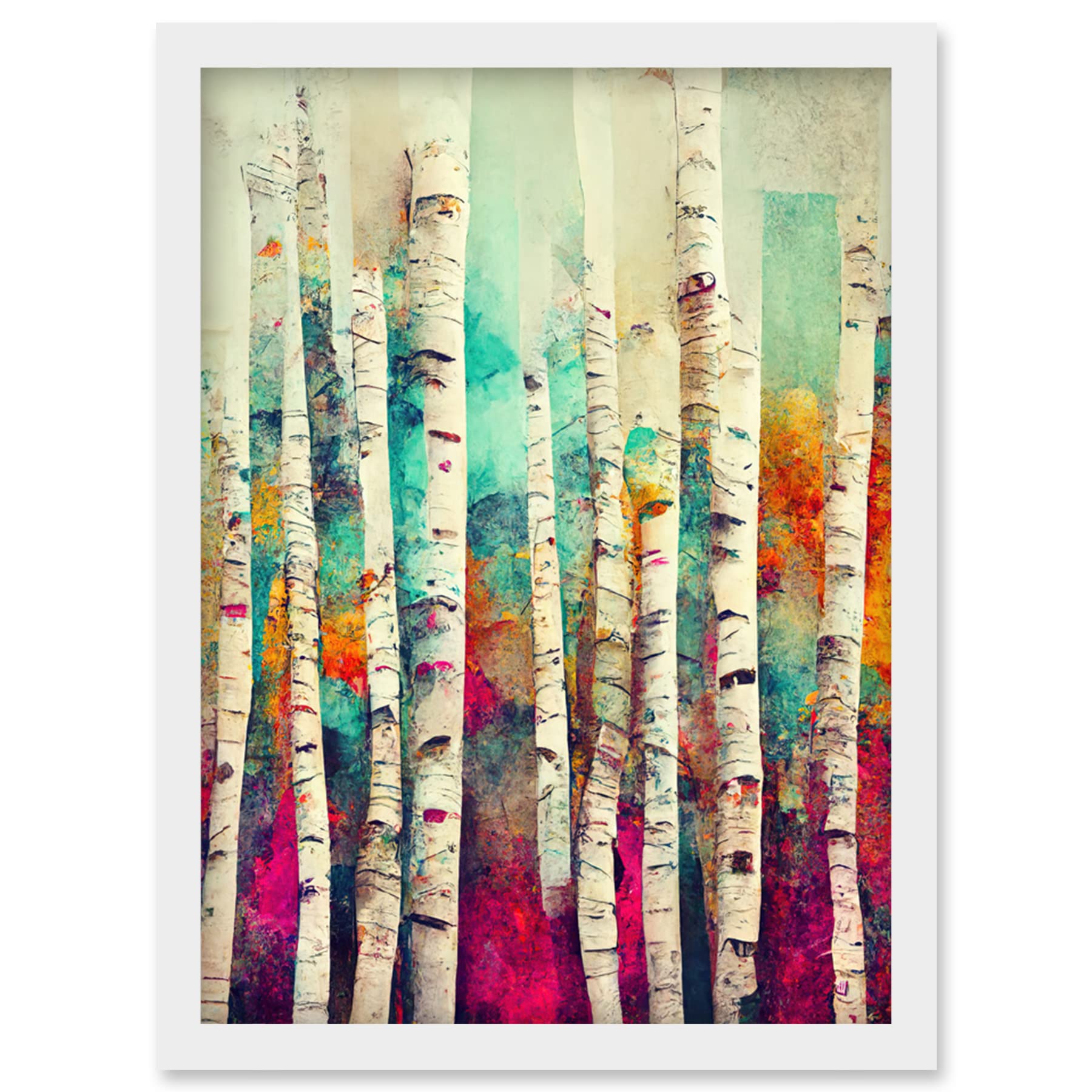 Wee Blue Coo Abstract Multi Coloured Birch Tree Forest Vibrant Colourful Oil Painting Artwork Framed Wall Art Print A4