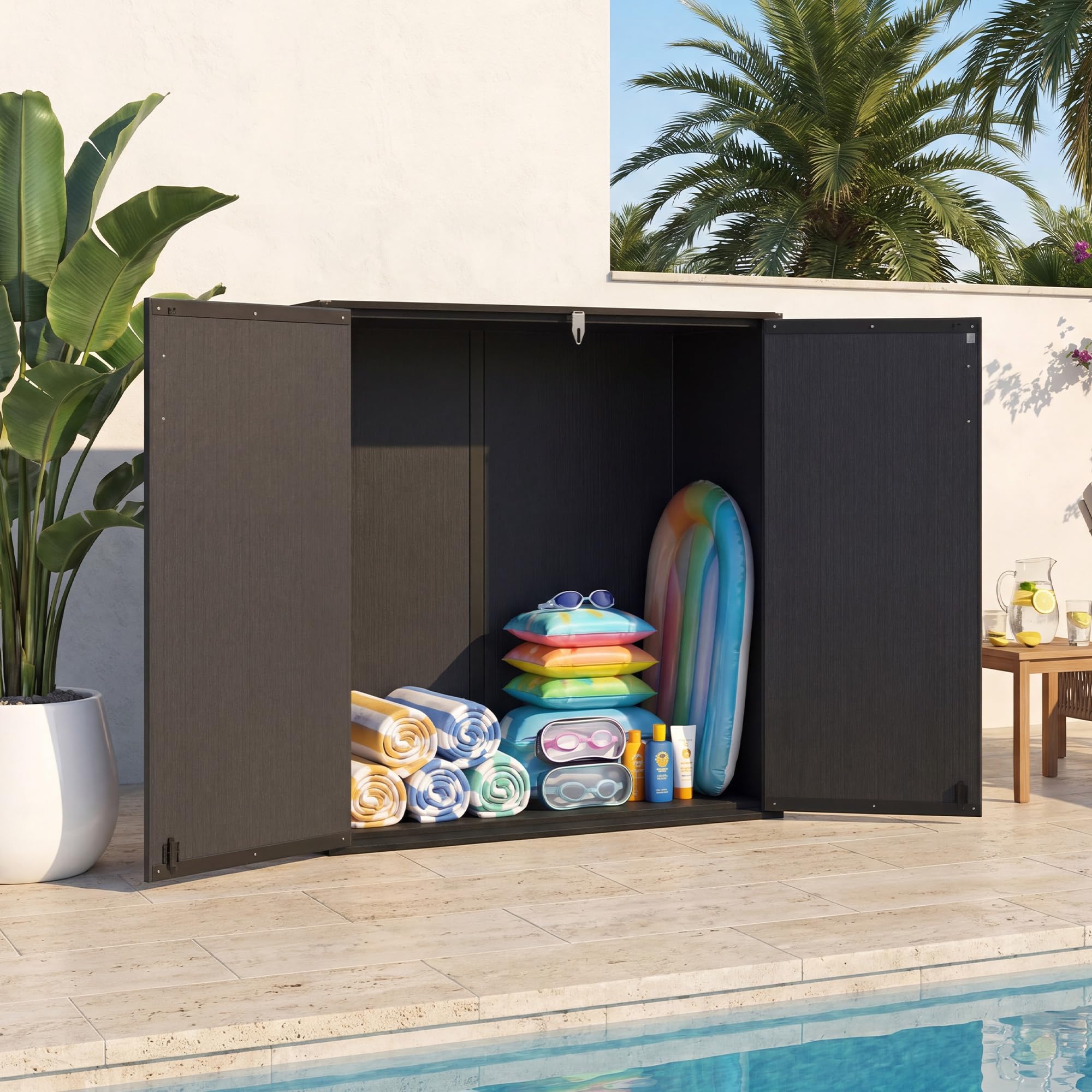 RELAX4LIFE Gartenschrank wetterfest Outdoor 120 x 65 x 117 cm Geräteschrank mit 2 abschließbaren Türen Gartenbox aus Kunststoff Schwarz