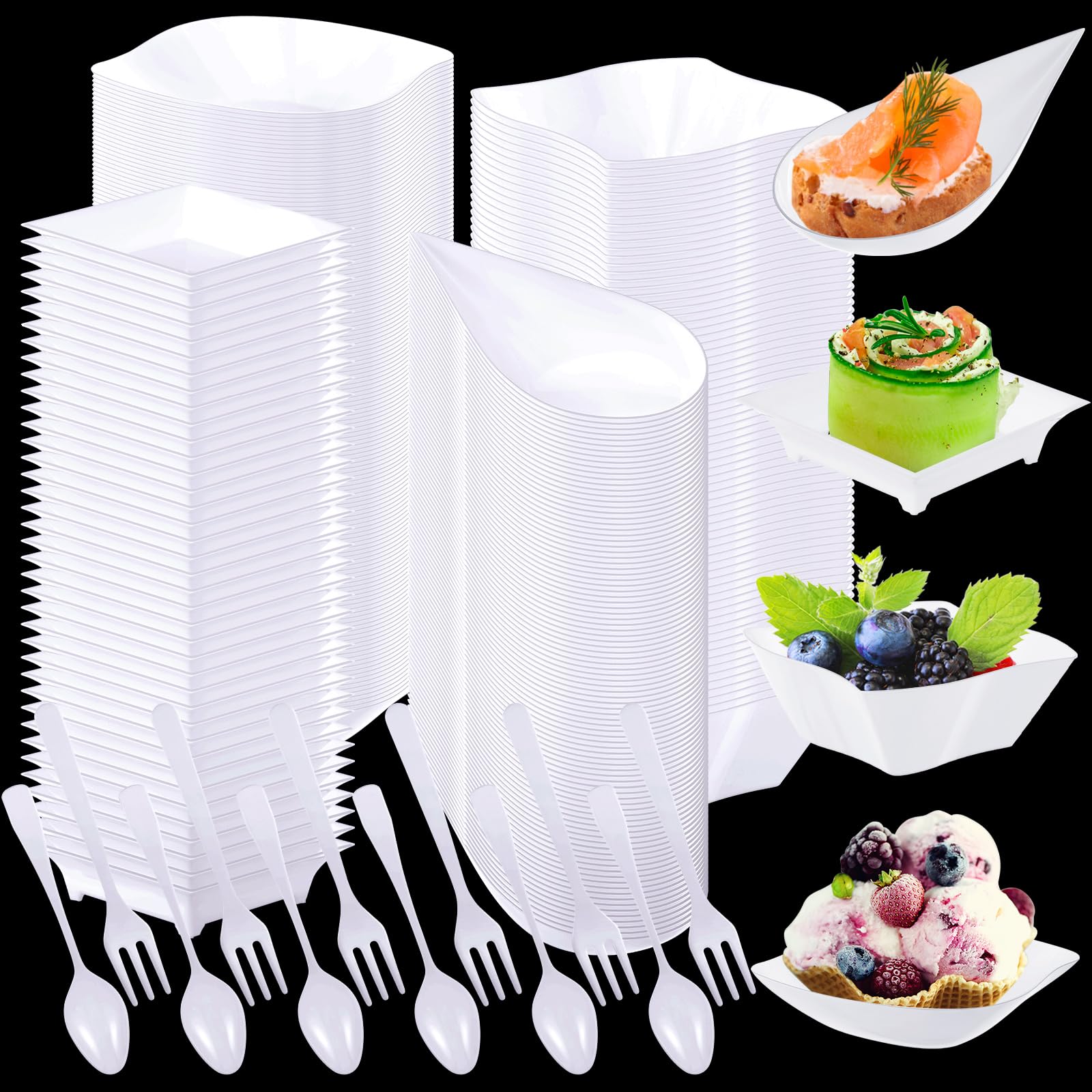 Tessco for you 800 Pcs Mini Appetizer Plates Set Including 400 Disposable Dessert Plates Assorted Shape 200 Mini Plastic Forks 200 Plastic Spoons for
