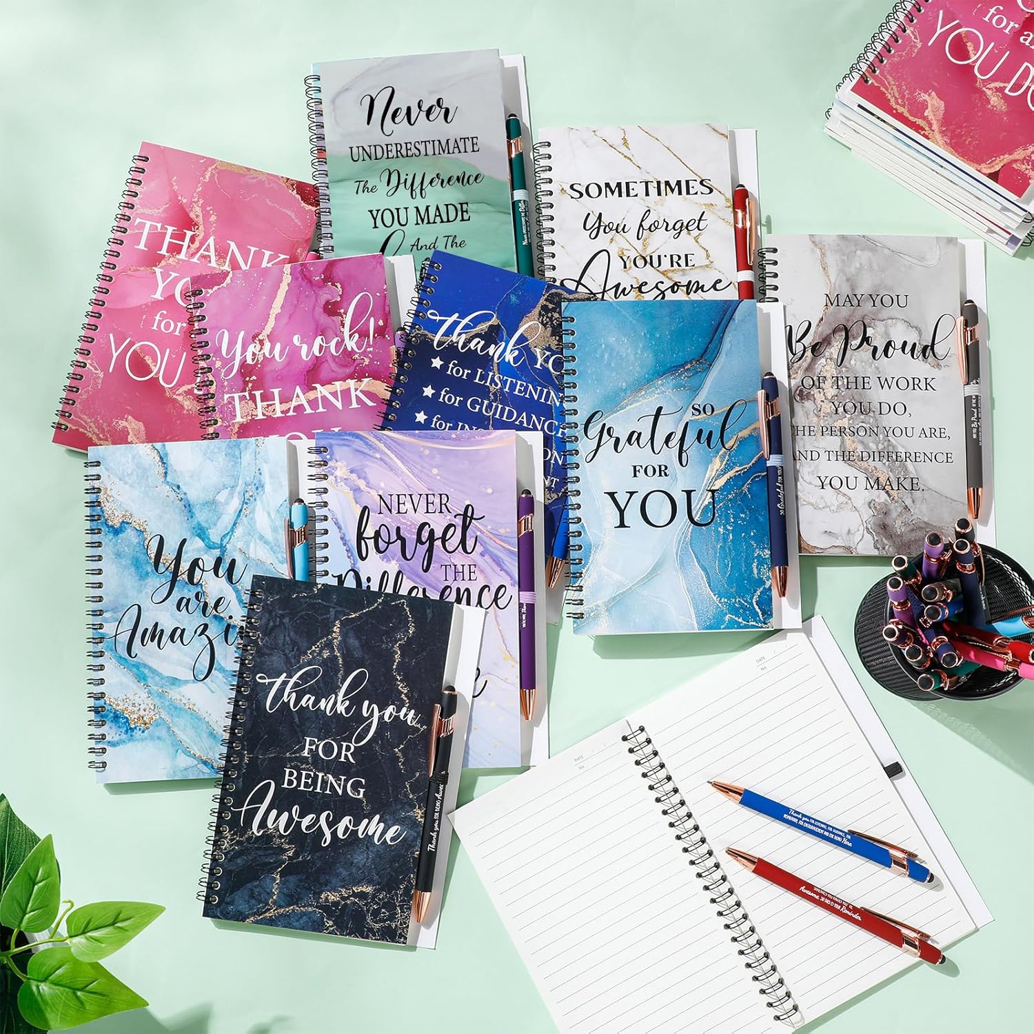 Glenmal 60 Pcs Thank You Gifts Inspirational Spiral Notebooks with Motivational Retractable Ballpoint Pens Employee Appreciation Gift for Coworker Teacher Volunteer, Marble Coil Notepads 5.51" x 8.27"