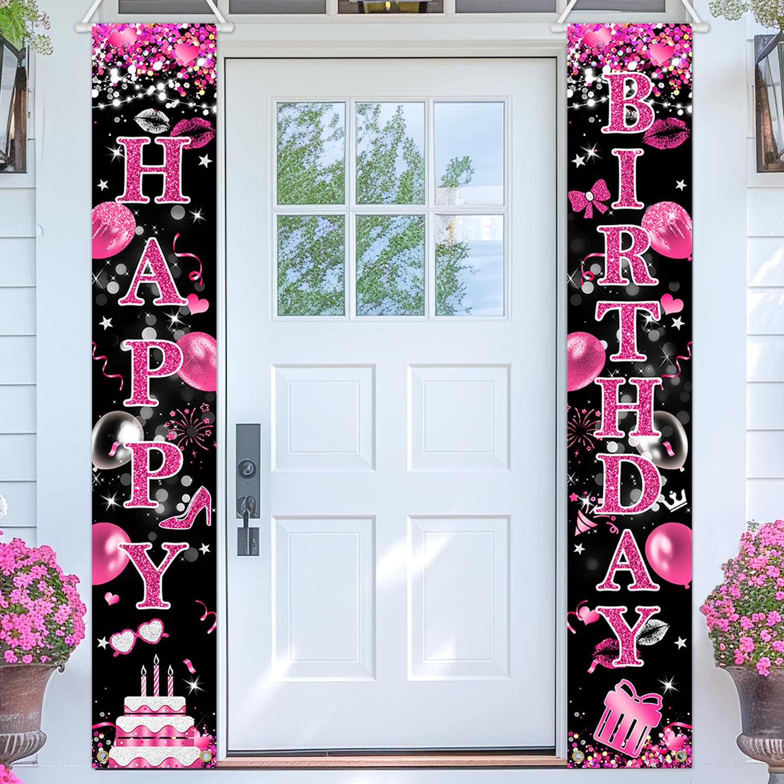 Avezano Pink and Black Birthday Decorations Happy Birthday Door Banner for Women Girls Pink Party Decorations Supplies