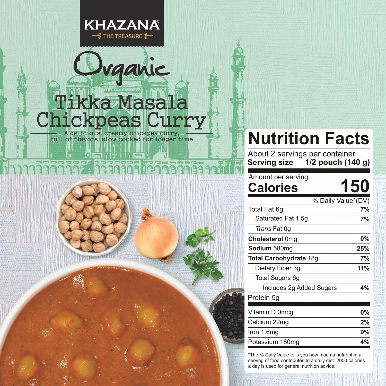 Khazana Organic Ready to Eat Meals - Tikka Masala Chickpeas Curry (Pack of 6, 10oz Pouches) - Non-GMO, Vegan, Gluten Free & Kosher - Authentic Indian Cuisine in 90 Seconds! thumbnail 4