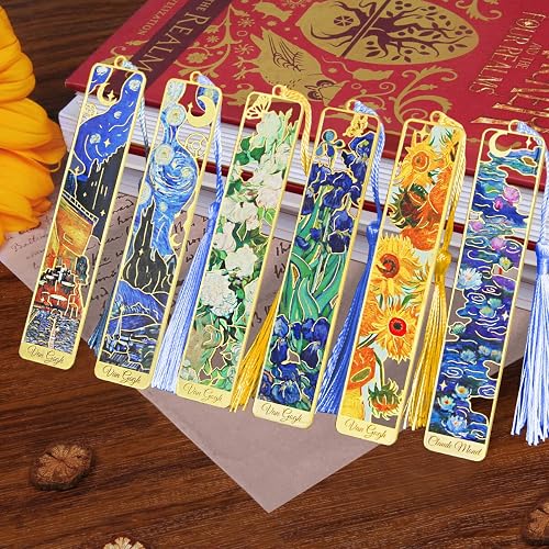 Kinsound Metal Bookmarks with Tassel, Golden Van Gogh Monet Oil Painting Theme Cute Hollow Book Markers for Reading Women, Teachers, Students, Reading Accessories Gifts for Book Lovers (Style A(6PCS))