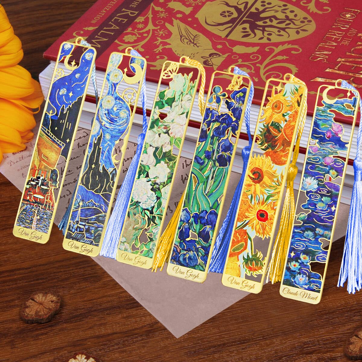 Kinsound Metal Bookmarks with Tassel, Golden Van Gogh Monet Oil Painting Theme Cute Hollow Book Markers for Reading Women, Teachers, Students, Reading Accessories Gifts for Book Lovers (Style A(6PCS))