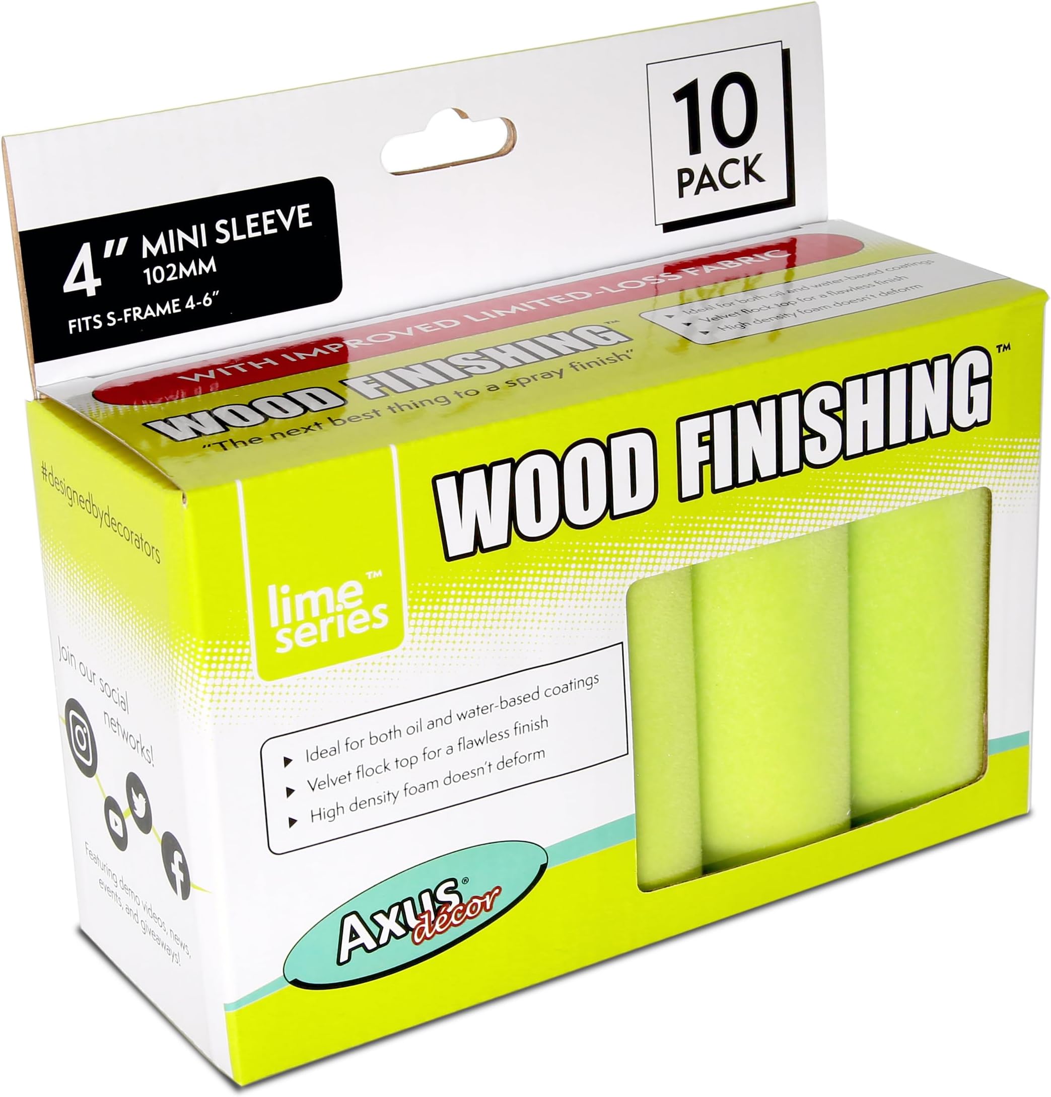 Axus Decor Wood Finishing Roller (Lime Series) Mini Roller Sleeves for Smooth Finish Painting, for Professional & DIY Projects, Compatible with Solvent & Water Based Paints โ 4 Inch/100mm, Pack of 10