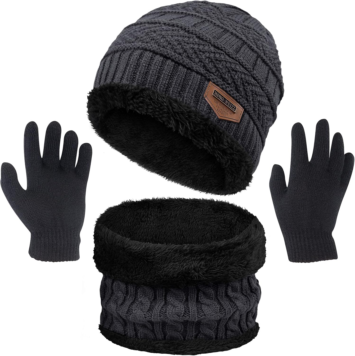 3 Pcs Boys Girls Winter Beanie Hat Scarf Gloves Set Thick Knitted Warm Toddler Winter Hat Mittens Neck Warmer for Kids