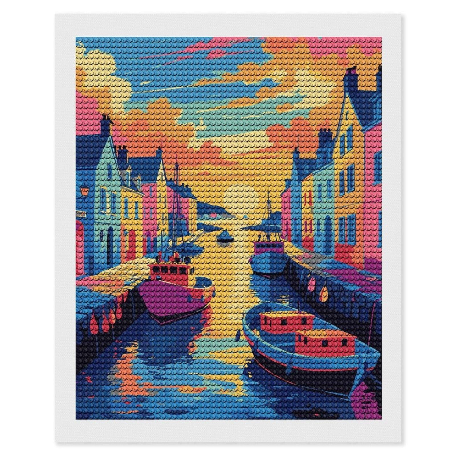 Junmoney Colorful Harbor Scene Painting Diamond Art Kit 16"x20", Gift Idea, for Family Craft Time, Mindful Craft Activity, Boho Decor, Relaxing DIY Hobby