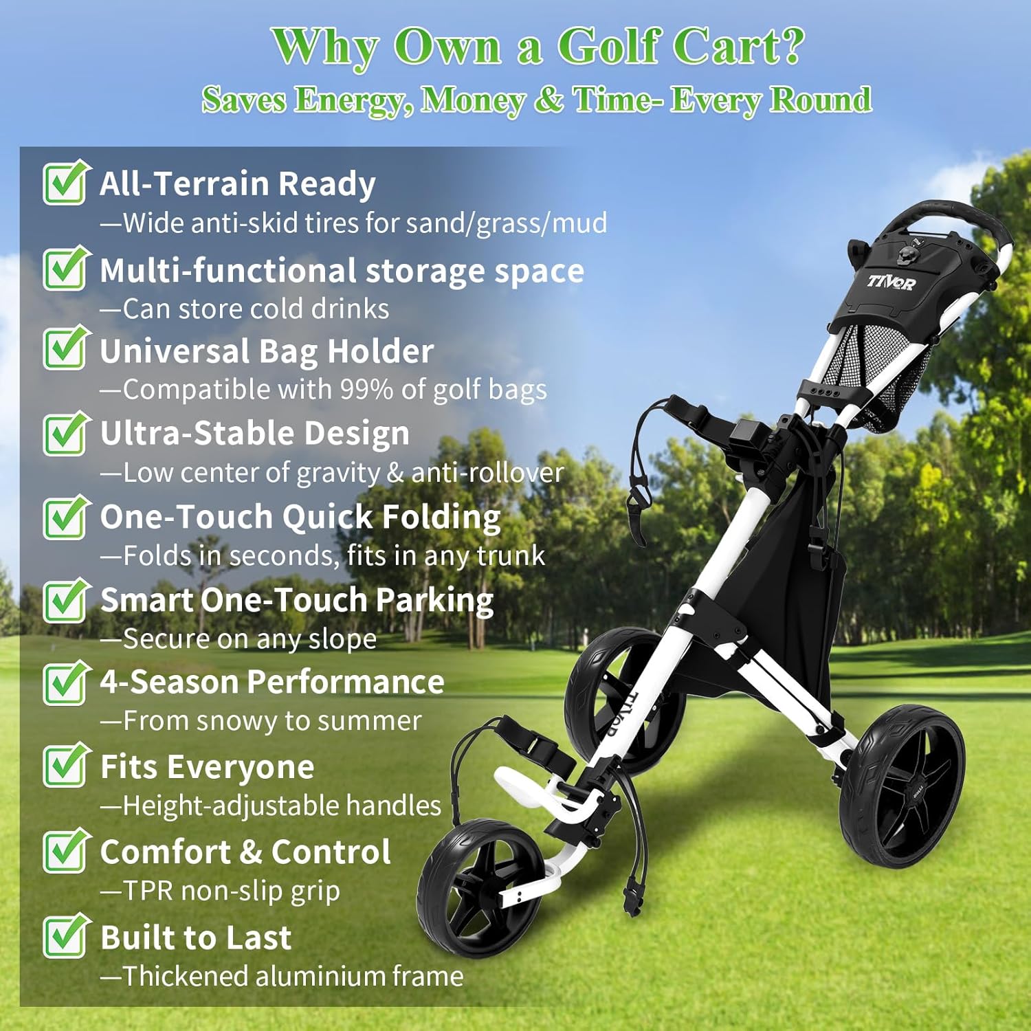 Tivor 3 Wheel Golf Push Cart, Lightweight Push Cart Golf One-Click Folding, Adjustable Height Pushcart for Golf Bags, Compact Design for Ladies, Junior Golfers