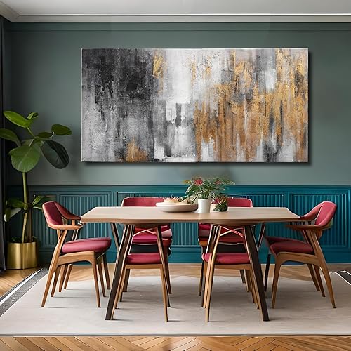 Miniatura 4 de YJYart Lienzo abstracto para pared con lámina dorada, pinturas al óleo negras modernas, arte de pared de graffiti para sala de estar, dormitorio,
