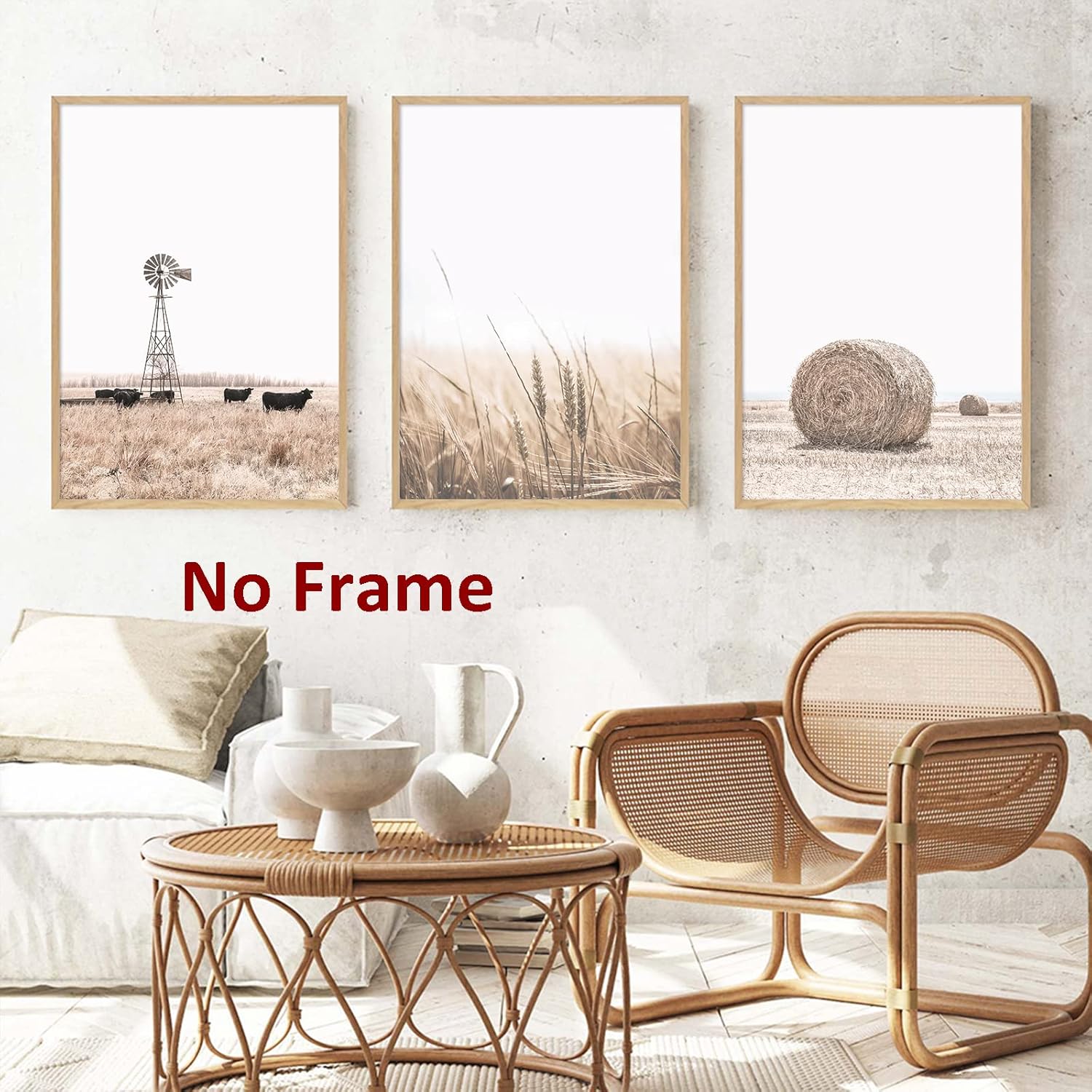 Neutral Landscape Artwork Modern Farmhouse Botanical Prints Wheat Wall Art Black Cow Picture Farm Windmill Picture Rustic Farmhouse Prints Hay Bales Wall Art Farmhouse Artwork 16x24inchx3 Frameless