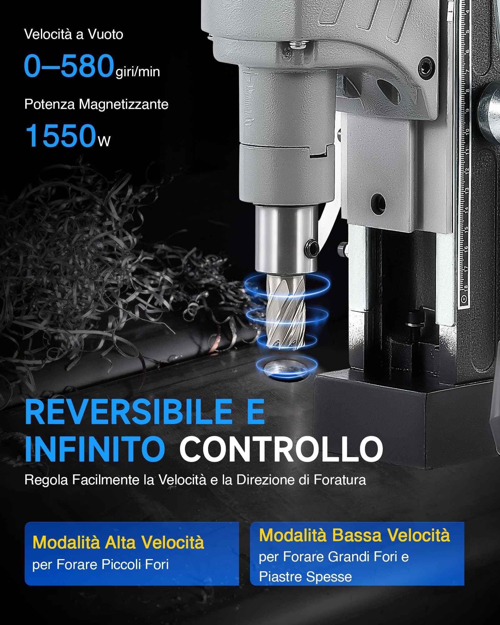 ZELCAN 1550W Trapano a Colonna Magnetico con 11 Punte 13000N Trapano Magnetico a Foratura di 50mm Corsa di 23cm 580 rpm Controllo Reversibile Velocità Continuo per Superfici Metalliche